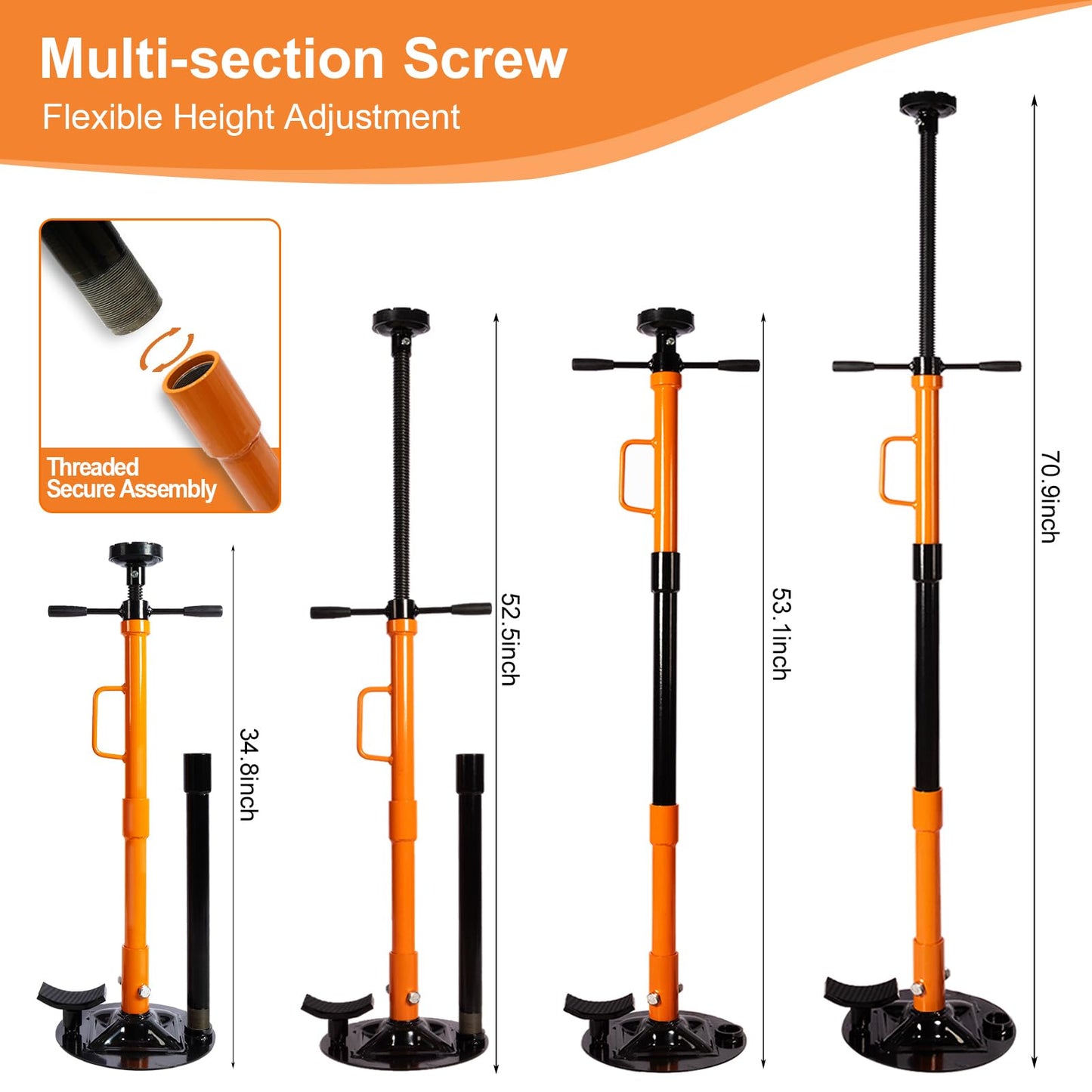 Underhoist Support Stand, 1-Ton Capacity, 3-Section Adjustable Height 34.8'' to 70.9'', Self-Locking Threaded Screw with Thrust Bearing Pole Jack, 2 Replaceable Saddles for Vehicle Component Support