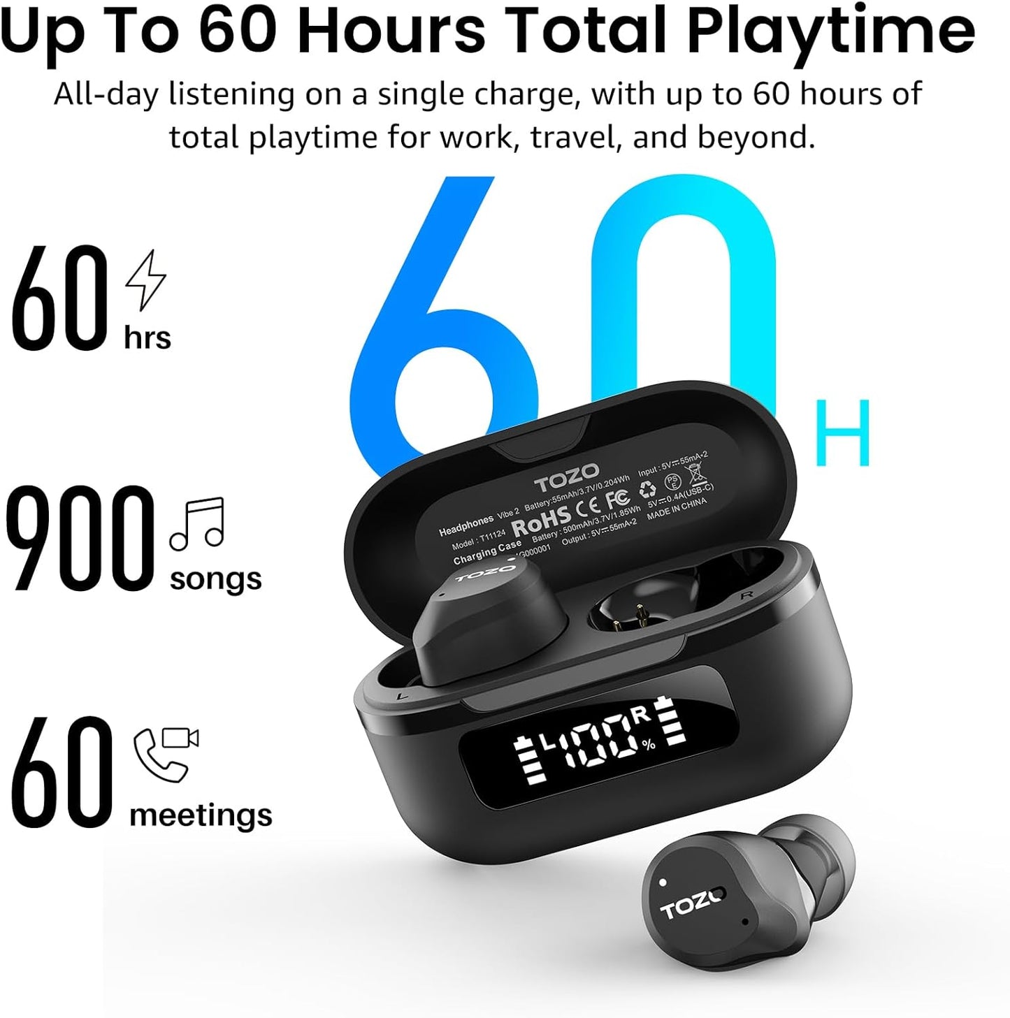 TOZO NC9 6 IPX8 5.3 60H 32 Hybrid Active Noise Cancelling Wireless Earbuds, Mics ENC Clear Call, Waterproof, in Ear