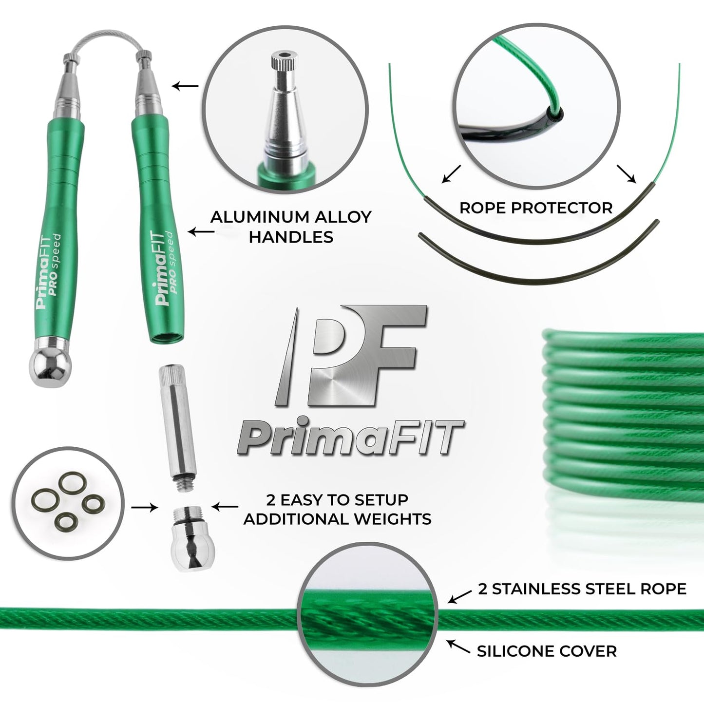 PrimaFIT Jump Rope Pro Speed Skipping Rope Adjustable Adult Jumping Rope Weighted Aluminium Handles for Double Dutch Boxing Workout Crossfit Exercise Fitness Spare Cable Weights Protectors Carry Bag