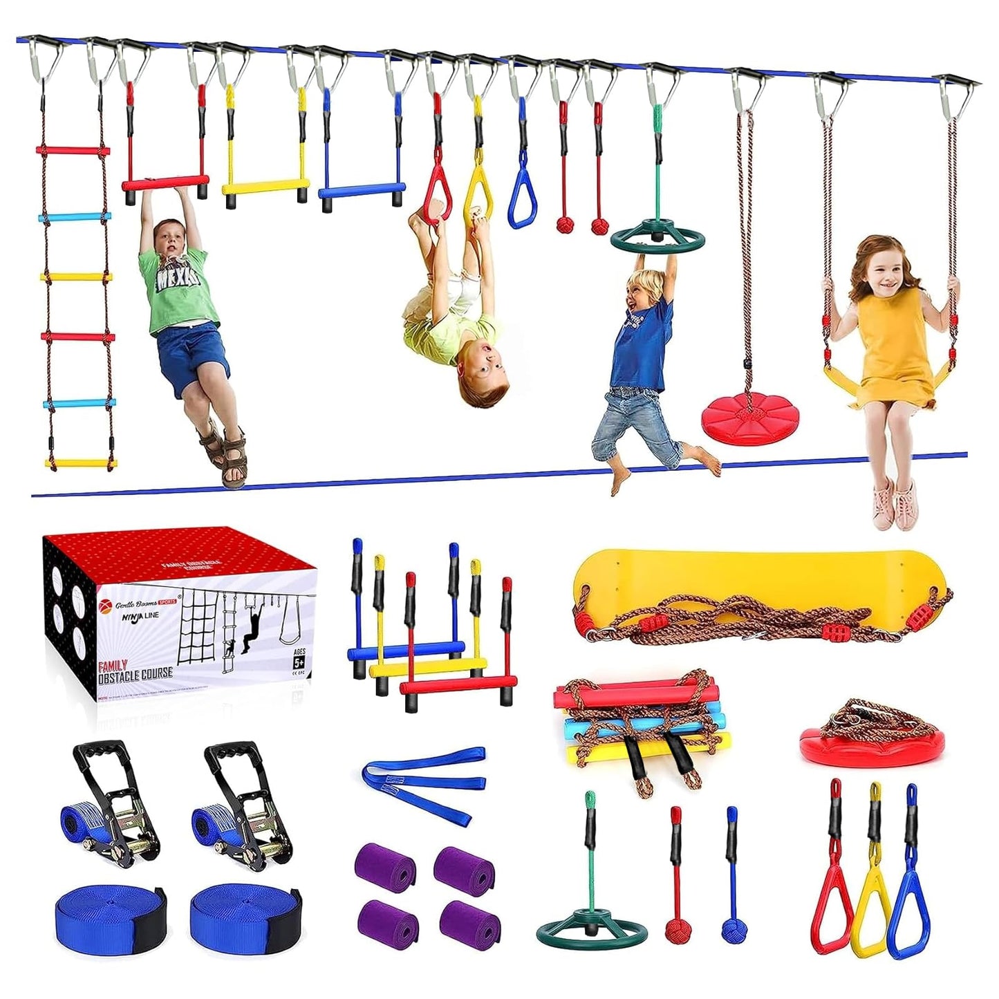 Ninja Warrior Obstacle Course for Kids Backyard-65ft Slackline Kit with 13 Obstacles, Upgraded Quick-Install Buckles No Threading, Install Anywhere, 900lbs Capacity, Easy Setup Backyard Playground Set