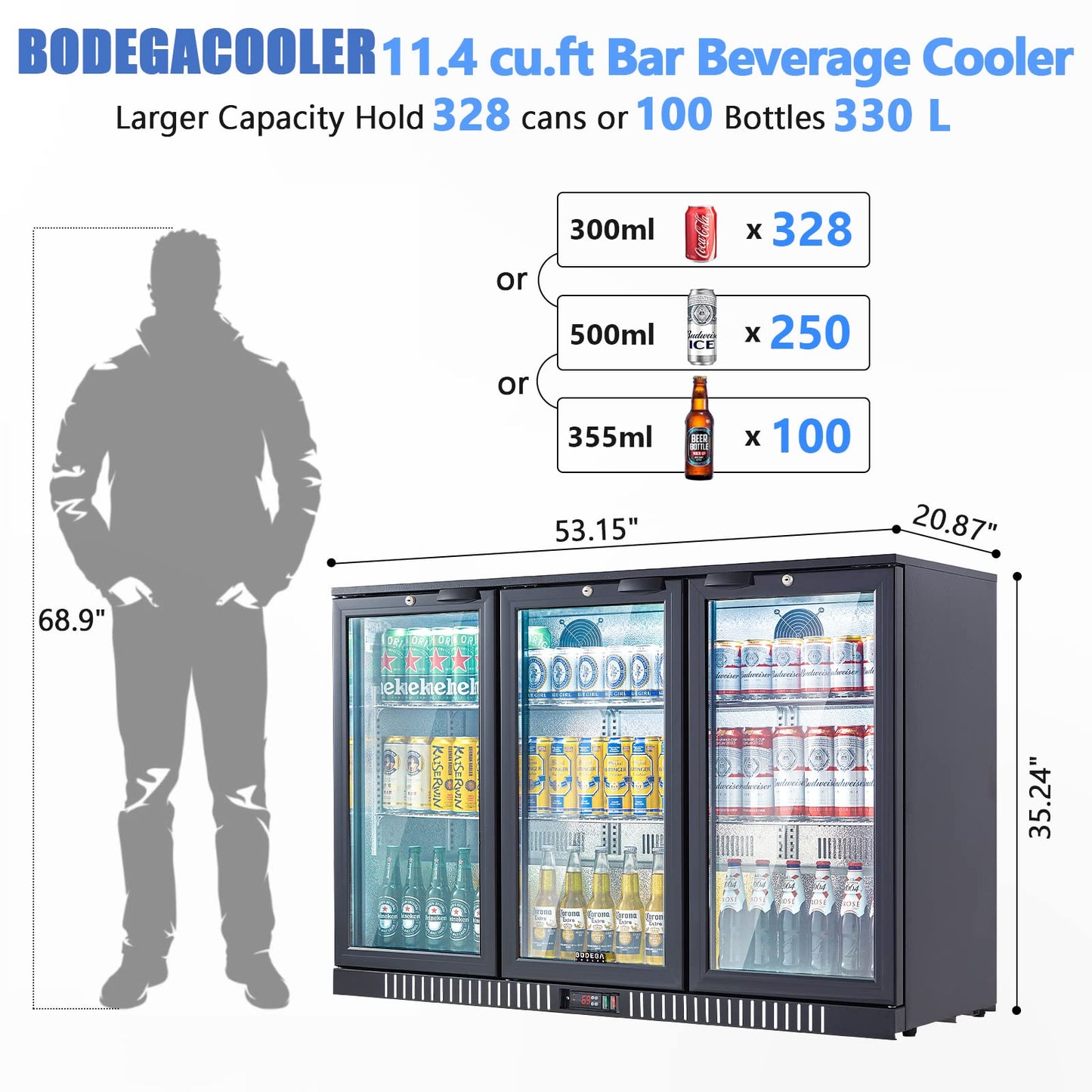 BODEGA BODEGACOOLER Commercial Bar Cooler With 3 Glass Doors,11.4 Cu.Ft Under Counter Beverage Refrigerator,Back Bar Refrigerator,Commercial Display Drink Fridge,LED Lighting Beer Wine Soda Drinks