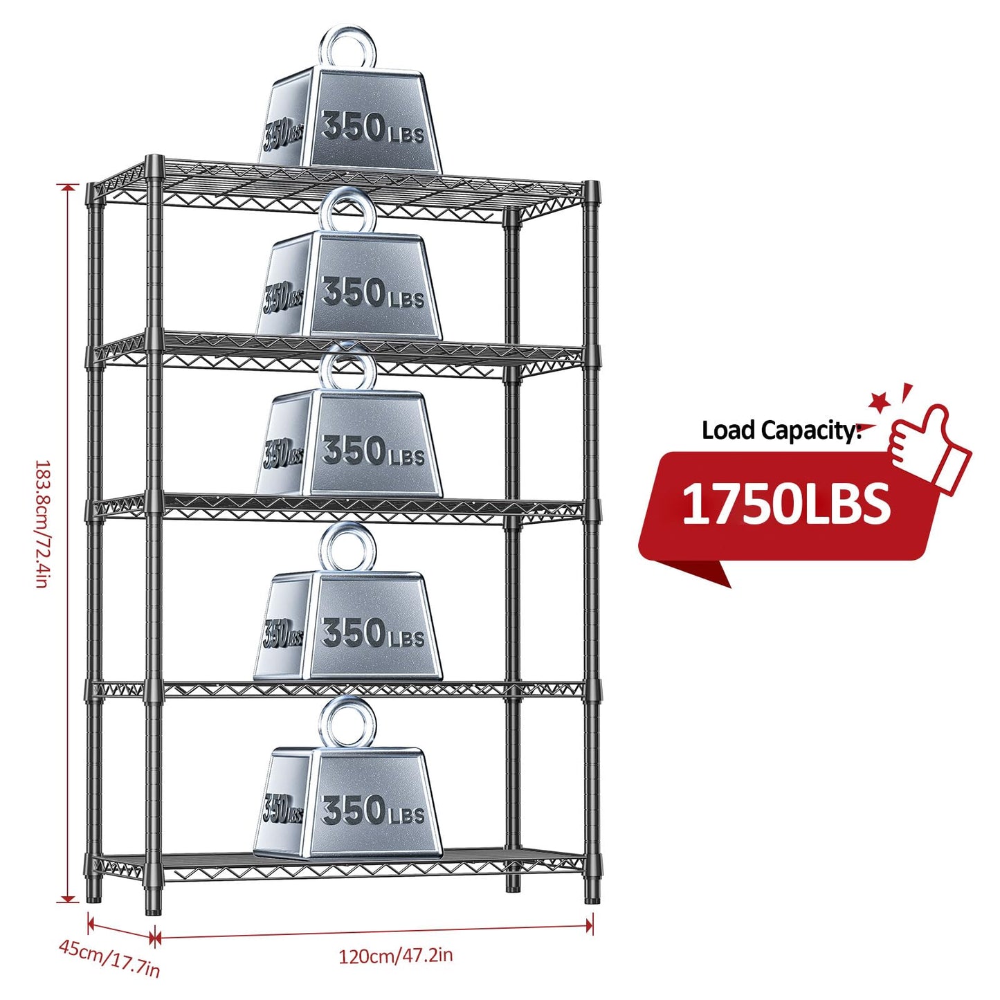IZEUK 5-Tier Heavy Duty Metal Storage Shelving Unit (Black, 17.7" D x 47.2" W x 72.3" H, 1750 lbs Capacity), Adjustable Steel Wire Rack Shelf Organizer for Garage, Kitchen, Basement, Laundry, Office
