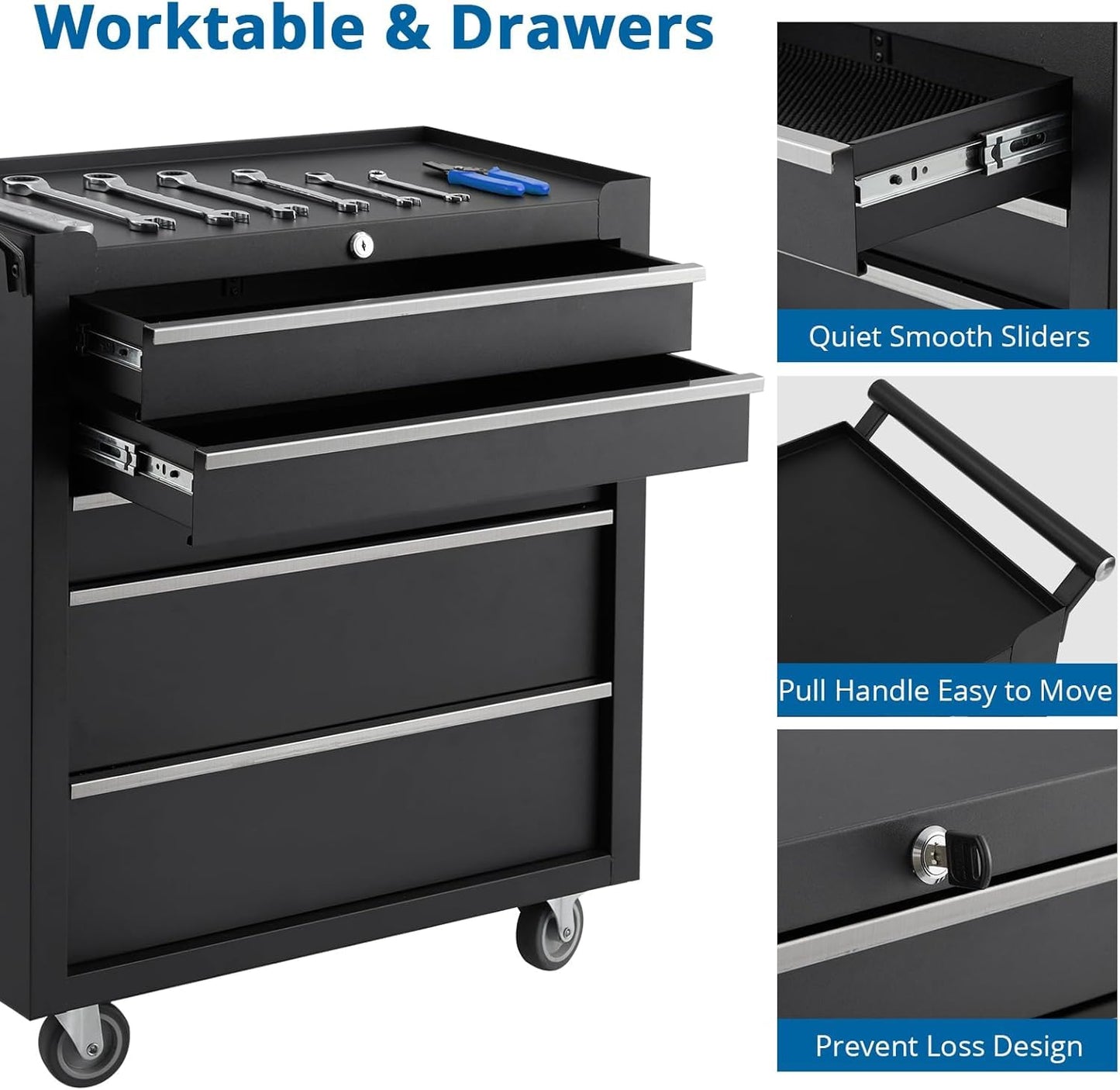 Rolling Tool Box with Wheels, 5 Drawer Tool Storage Cabinet, Portable Toolbox Organizer with Lock, Heavy Duty Tool Chest Cart for Garage, Mechanic, Workshop, Shop, Mobile Tool Organizer, Black