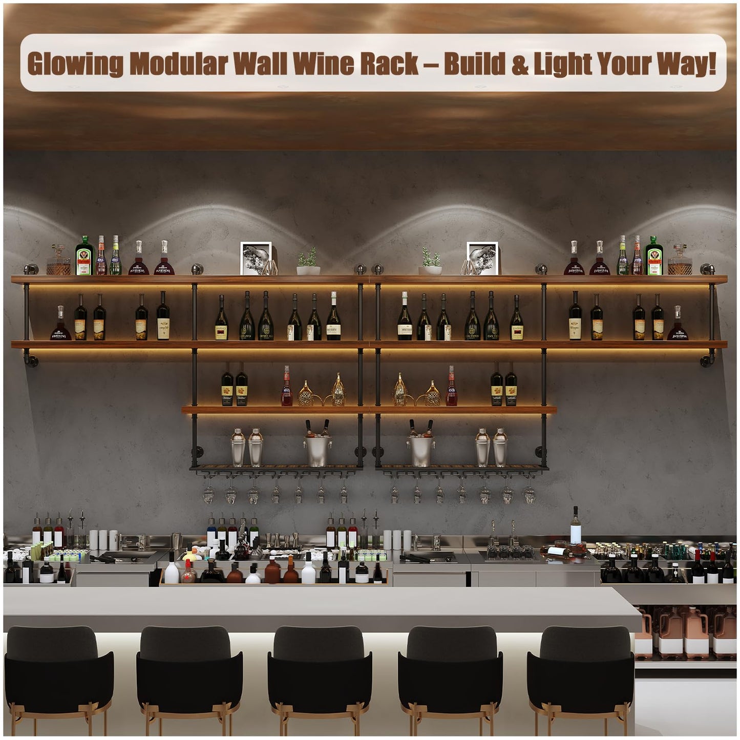 Solid Wood Wall Mounted Wine Rack, Large Wine Rack with LED Light, 4 Tiers Liquor Bottles Floating Shelves with Glass Holder, Industrial Bar Shelves for Home Bar Dining Room(78.7 in/ 200CM)