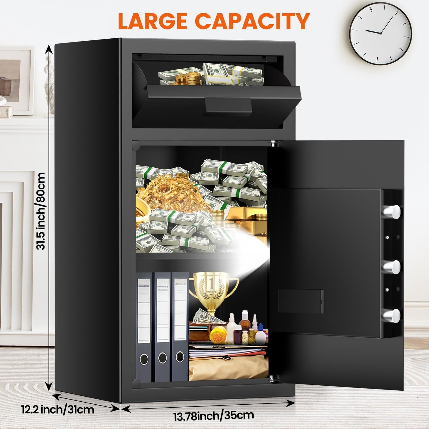31.5"H Large Drop Safe Box for Business, Anti-Theft Depository Safe with Drop Slot, Digital Keypad, Spare Key and Removable Shelf, Heavy-duty Commercial Safes for Business Cash Documents Home