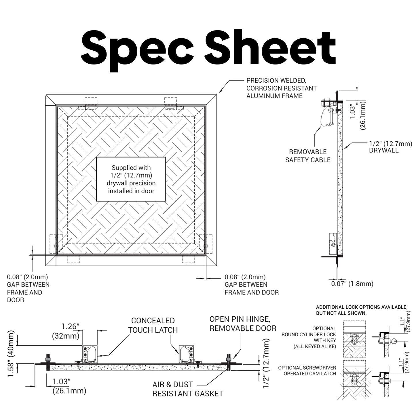 Best 12” x 12” Drywall Inlay Access Panel with Fully Detachable Hatch, 5/8” Inlayed Drywall with Touch Latches, Invisa Hatch™ Access Door with Open Pin Hinge, Welded Mill Finish, BA-IVH