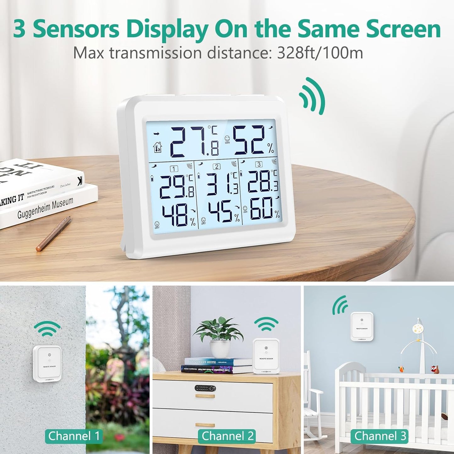 ORIA Digital Indoor Outdoor Thermometer - Wireless Temperature & Humidity Gauge with 3 Sensors | LCD Backlight, White