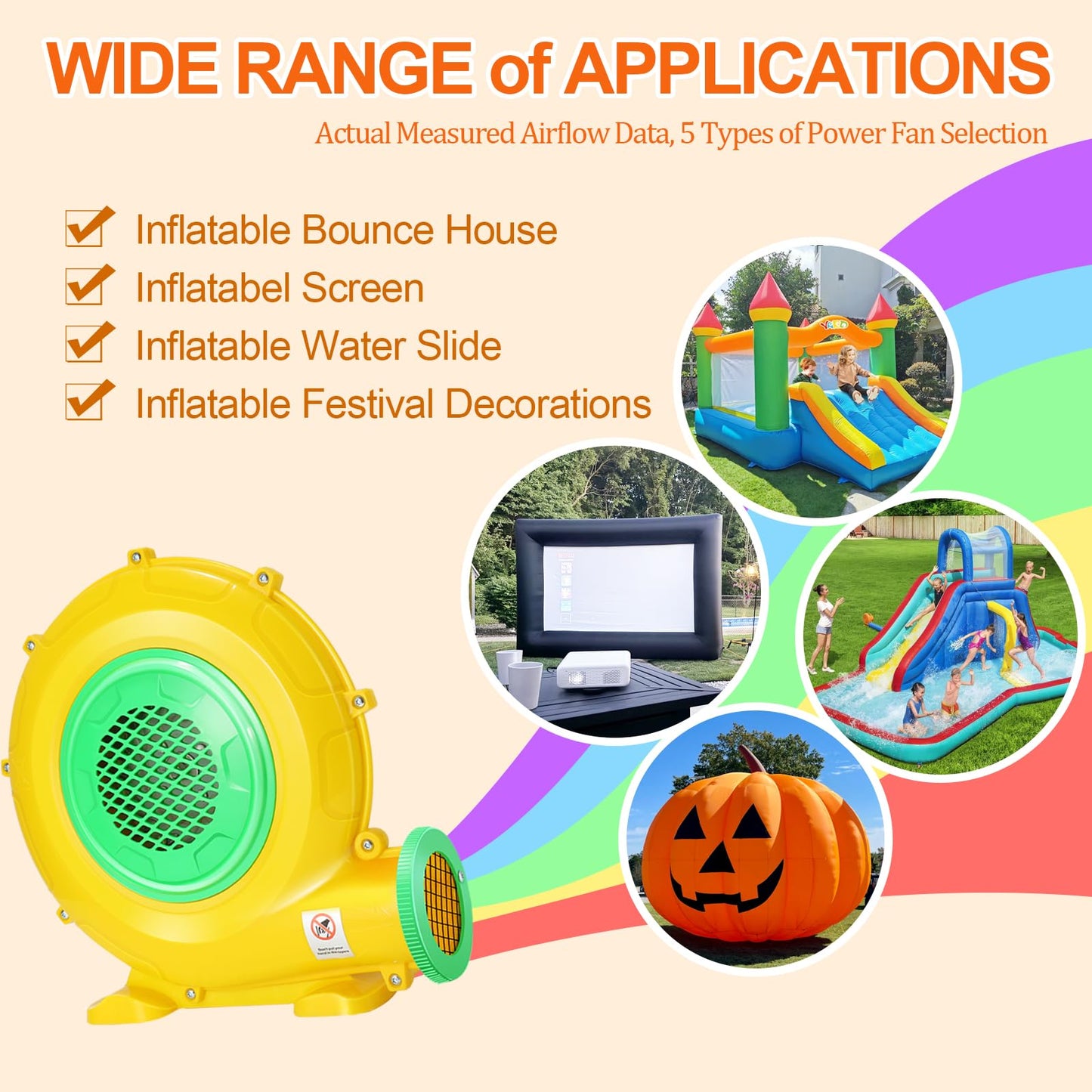 Bounce House Blower, 1100W/1.47HP Commercial Air Blower with Double-Sided Fan Blade Design, Strong Wind and Great Heat Dissipation Properties for Bouncy Castle, Jump Slides, Arch, Inflatables