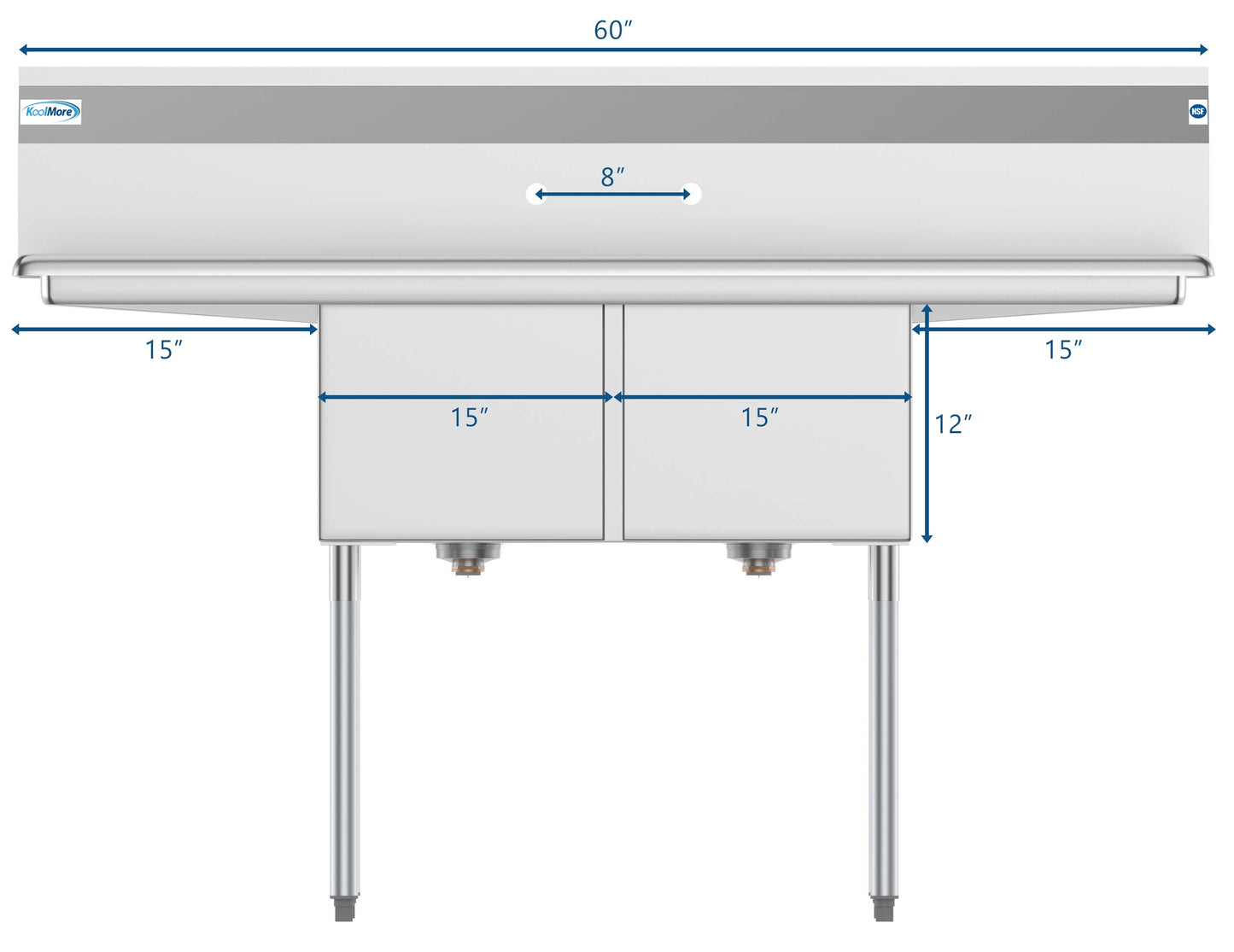 KoolMore 2 Compartment Stainless Steel NSF Commercial Kitchen Prep & Utility Sink with 2 Drainboards - Bowl Size 15" x 15" x 12", Silver,SB151512-15B3