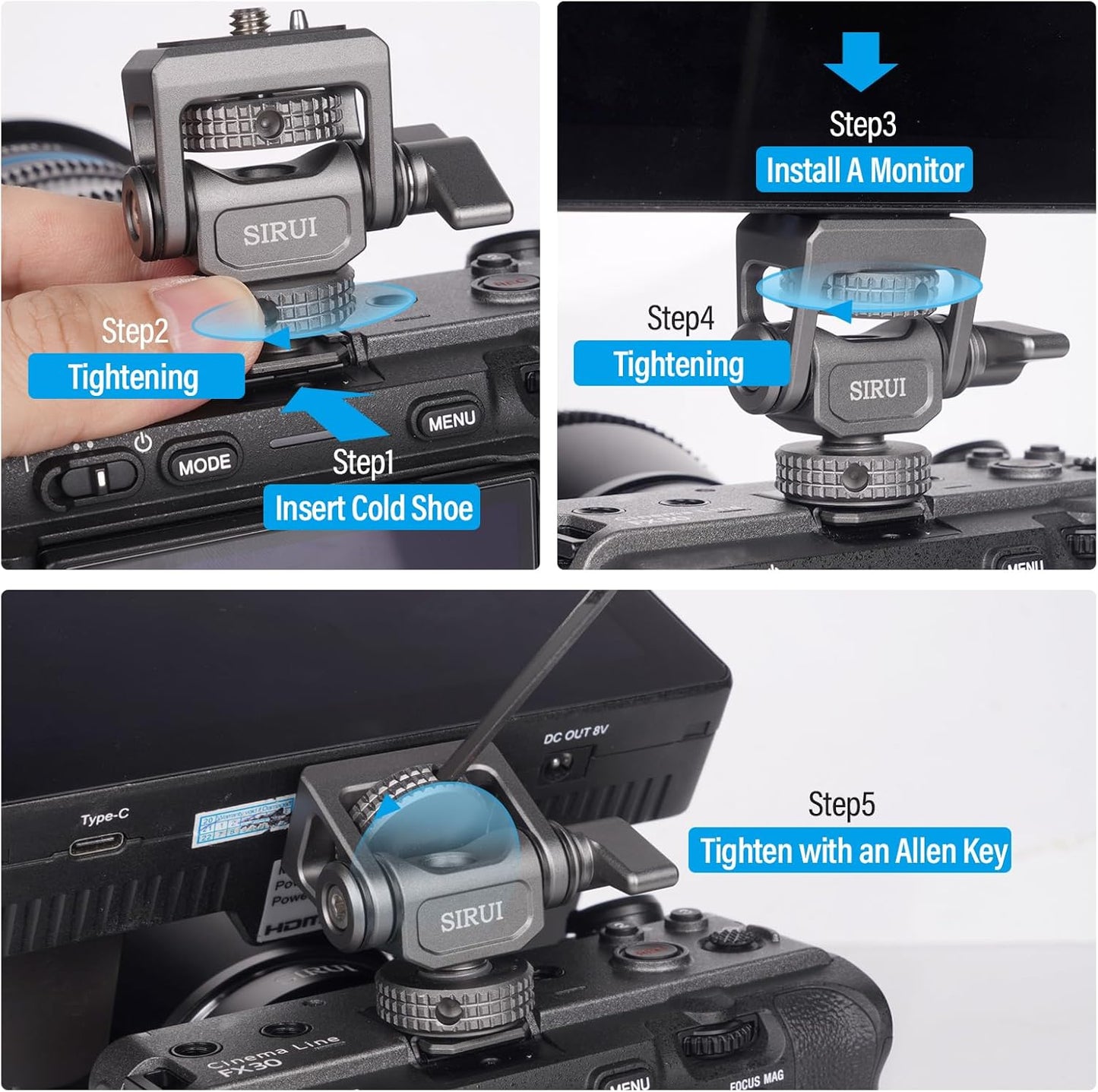 Sirui 360and 180Adjustable 5" 7" Camera Monitor Mount with Cold Shoe, Swivel Tilt DSLR Field Monitor Mount, Compatible