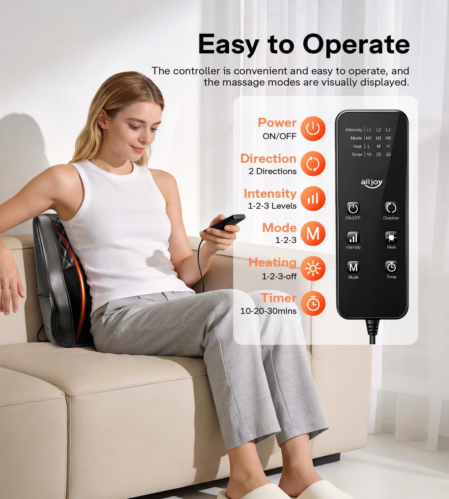 ALLJOY Heated Back Massager for Back Pain Relief, Deep Tissue Shiatsu Lumbar Support Pillow with 3 Massage Modes, 3 Intensity Levels & 3 Timer Settings for Office Chair Home, Fathers Day Gift for Dad