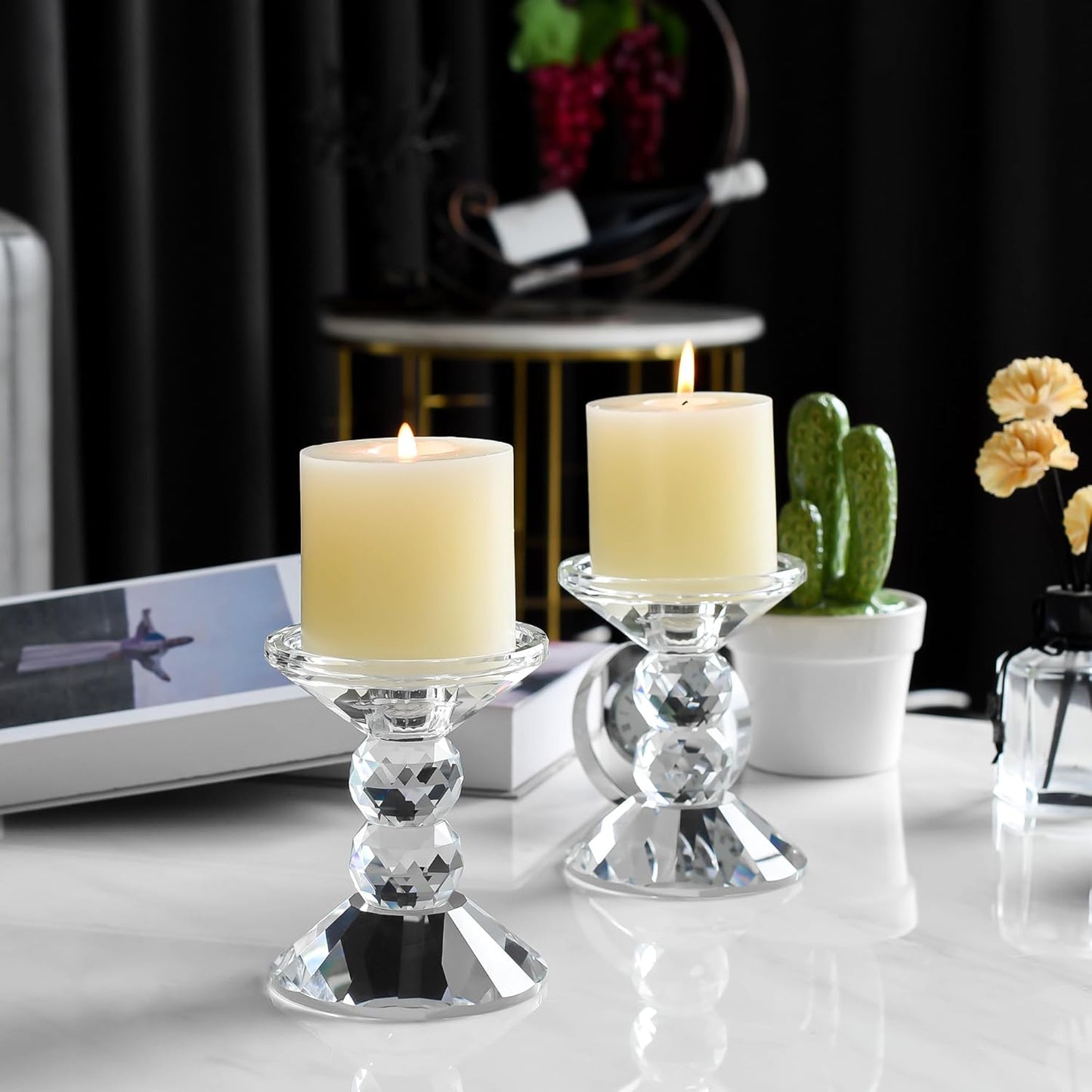 Skiennix Crystal Candle Holders - Elegant Clear Taper & Pillar Candlesticks | 4.9in Tall, Perfect for Weddings & Dining Decor
