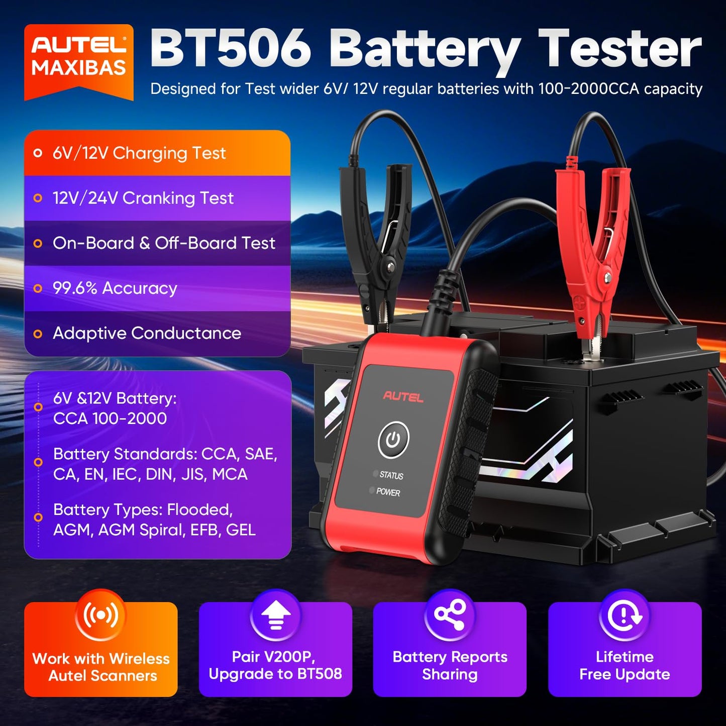 2026 Autel MaxiBAS BT506 Car Battery Tester, 6V 12V 100-2000 CCA Car Battery Analyzer, 12V 24V Auto Cranking/Charging System Test, Adaptive Conductance, High-Precision Battery Load Test for All Cars