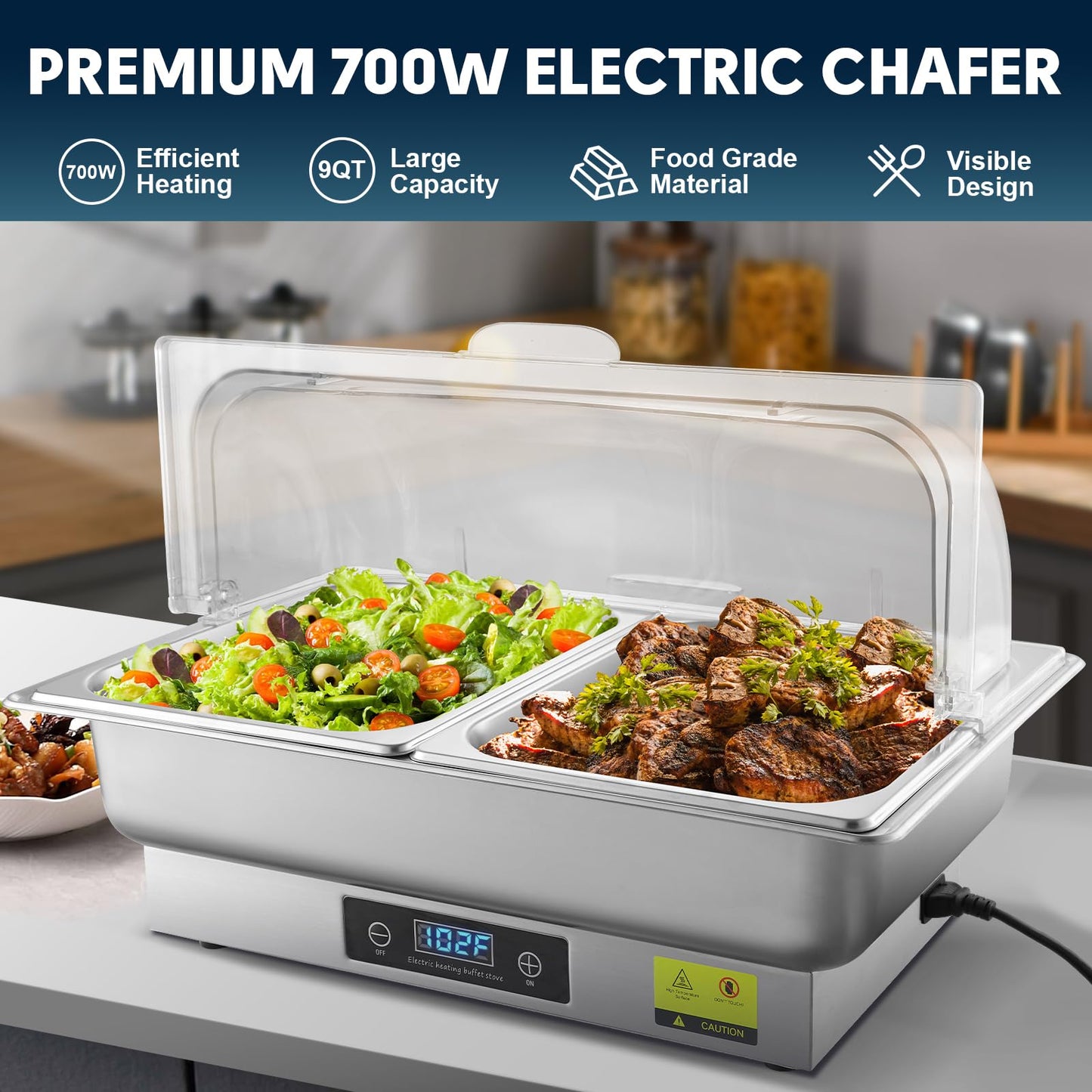THXSUN Electric Chafing Dish, 2 x 4.5QT Dual Pan Electric Chafing Dish Buffet Set with Temperature Control Display, Roll Top Electric Buffet Servers and Warmers for Catering