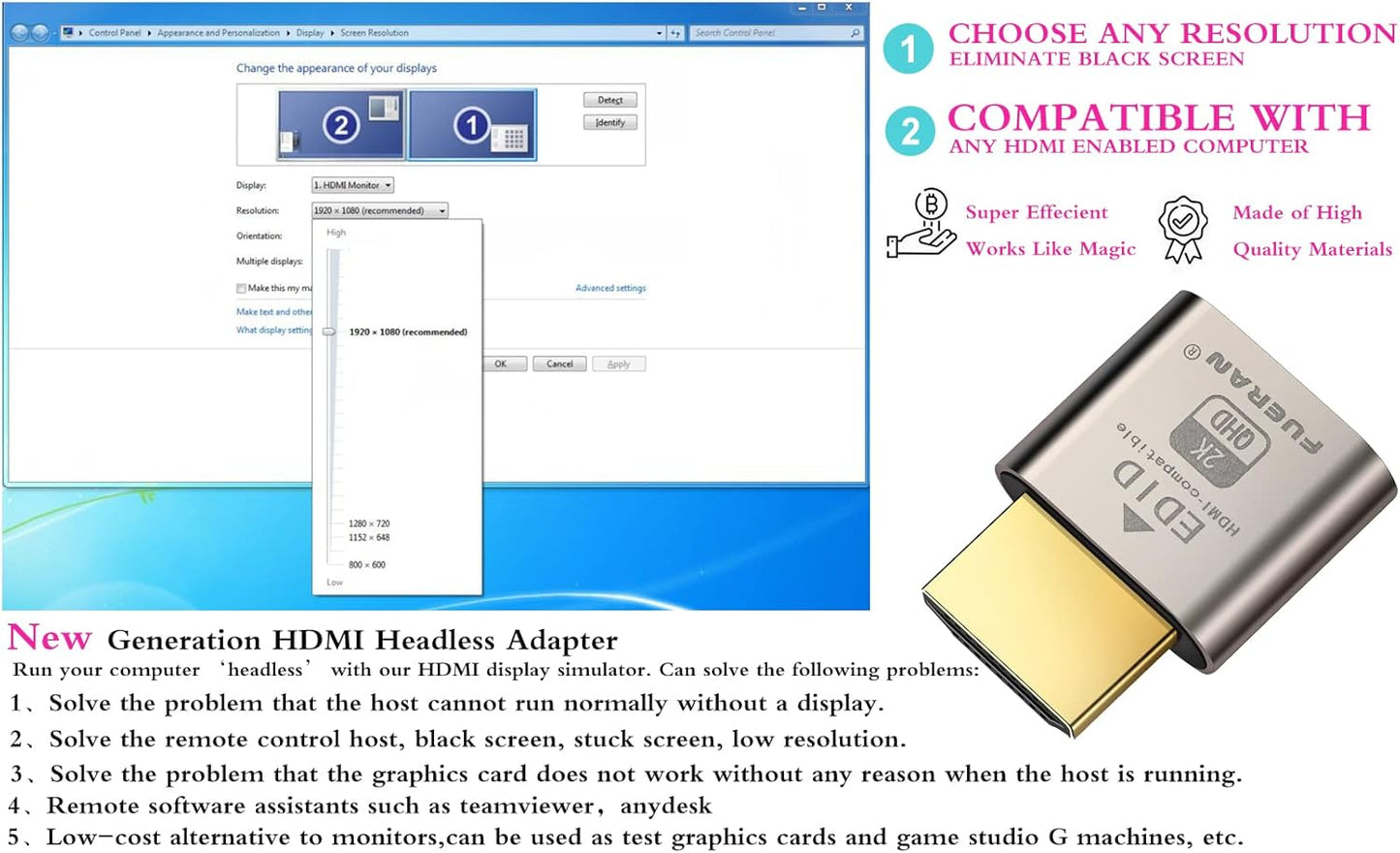 FUERAN Dummy Headless-1920x1080 Generation@60Hz (HDMI2.0-2K-1P) HDMI Plug Headless Ghost Display Emulator