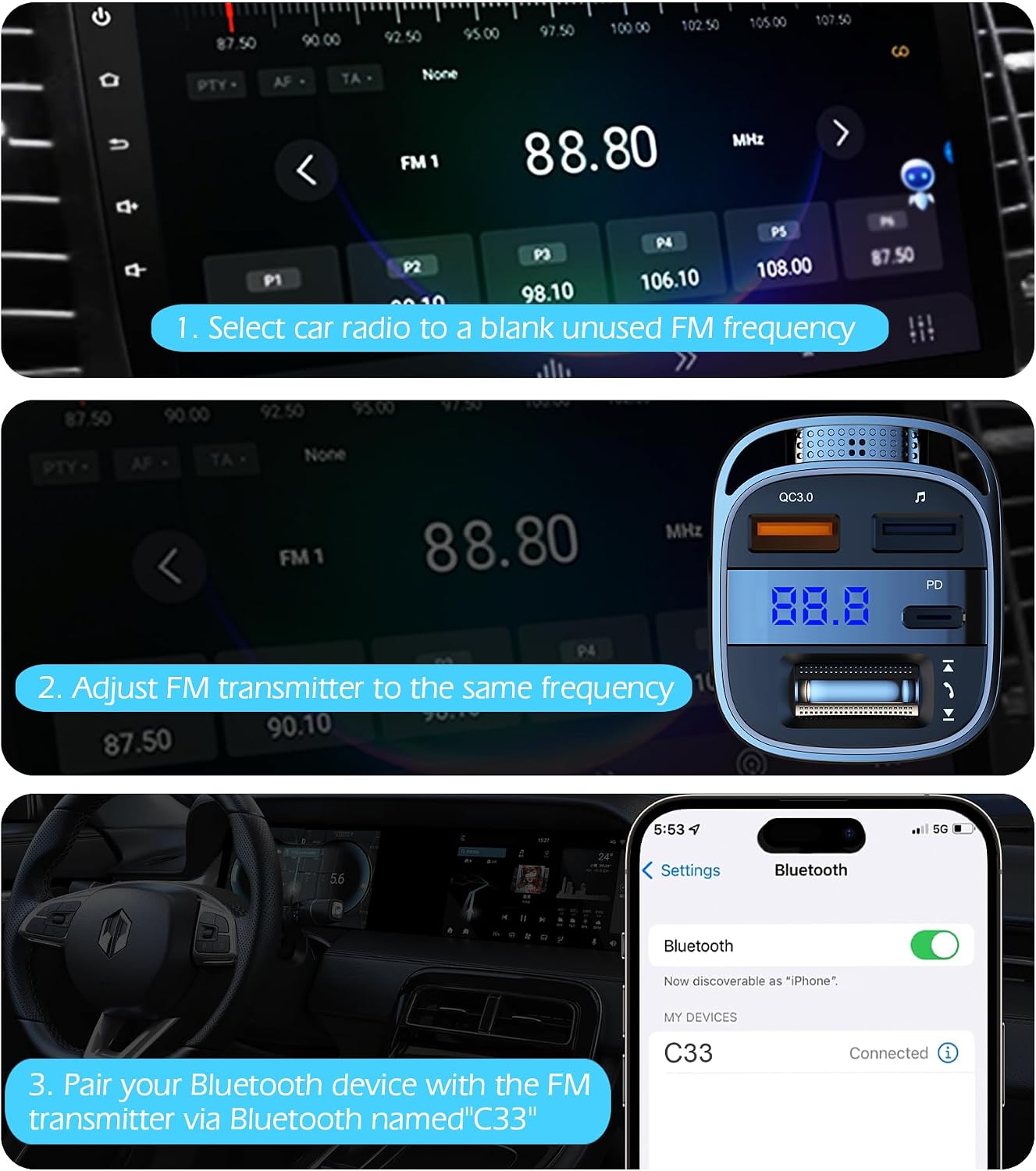 LIHAN 5.4 54W Bluetooth Car Adapter for Older Cars, PD Fast Charging FM Transmitter, Handsfree Call, Crystal Clear GPS