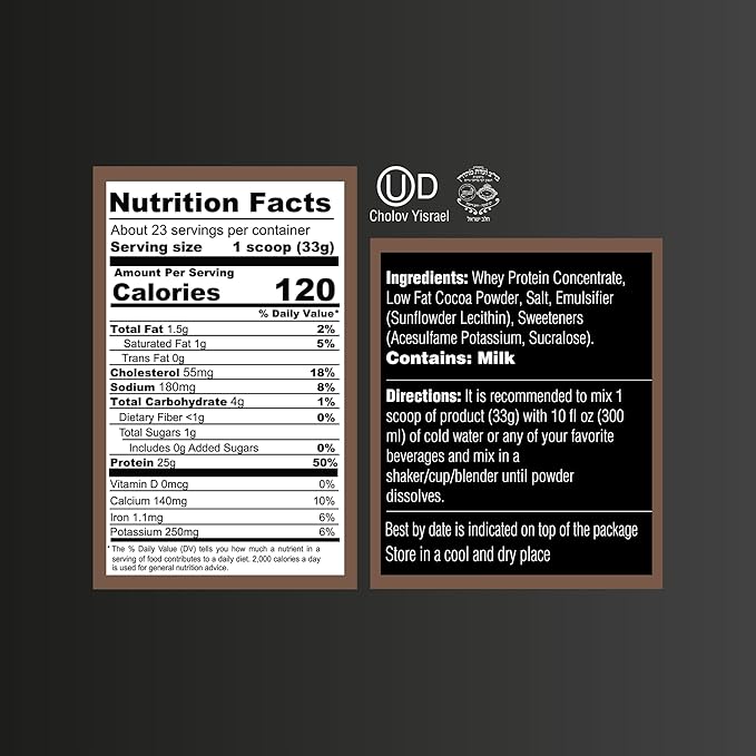 Dark Chocolate Whey Protein Powder. Post Workout Recovery Drink, Gluten & Sugar Free, Highly Kosher, 25g Protein. Essential Amino Acids - 5.5g BCAA, 2.7g Leucine, 1.4g Isoleucine, 1.4g Valine 26.4oz