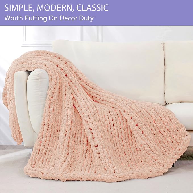 Bigacogo Chunky Knit Throw Blanket for Couch, 40x80 inches, 100% Hand Knitted with Thick Jumbo Chenille Yarn, Cozy Soft Large Rope Knot Cable Crochet Blankets for Sofa Bed Living Room, Peach Fuzz