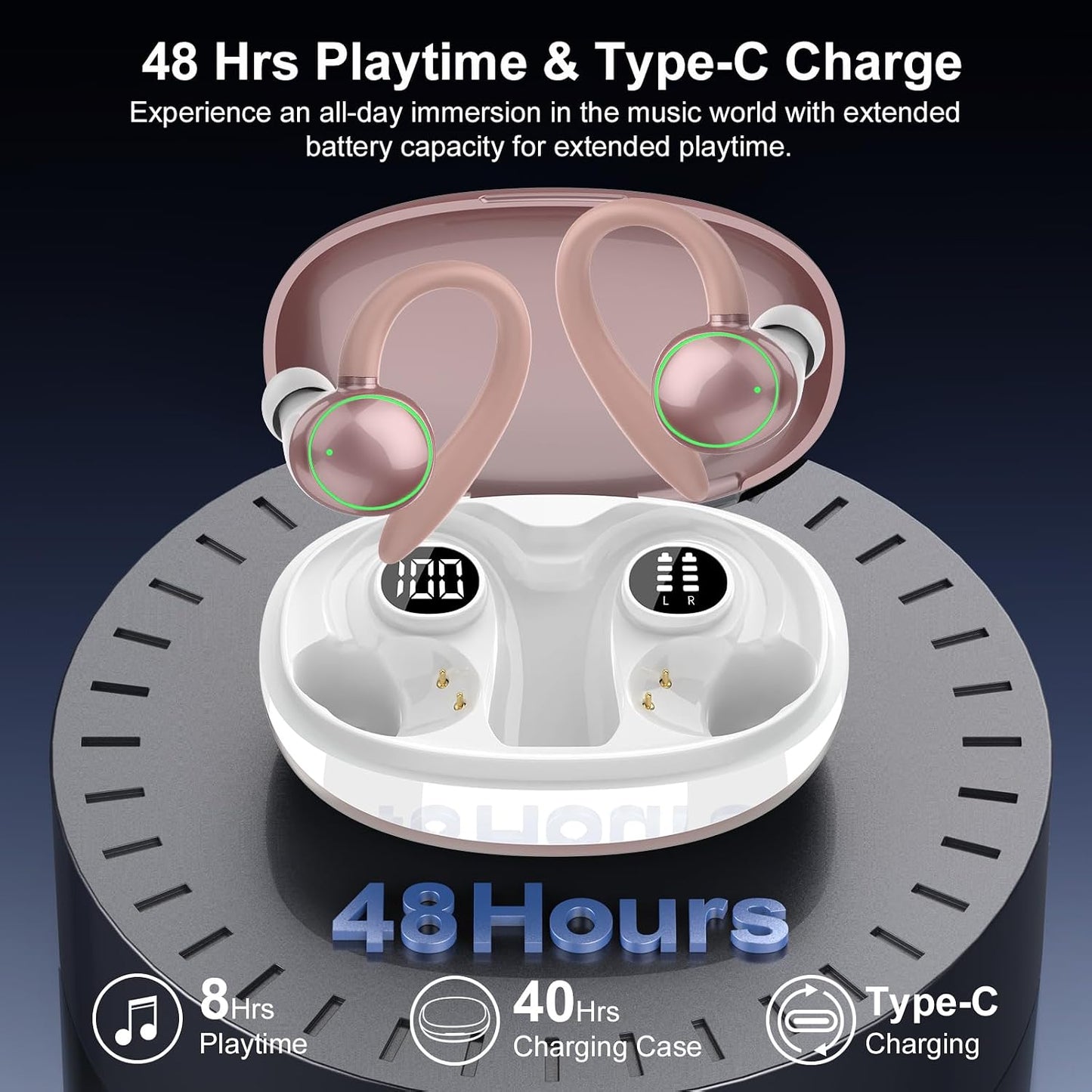 5.4 48H, IP7 Wireless Earbuds, Bluetooth Headphones Sport, Over Ear Buds With ENC Noise Cancelling Mic, Wireless