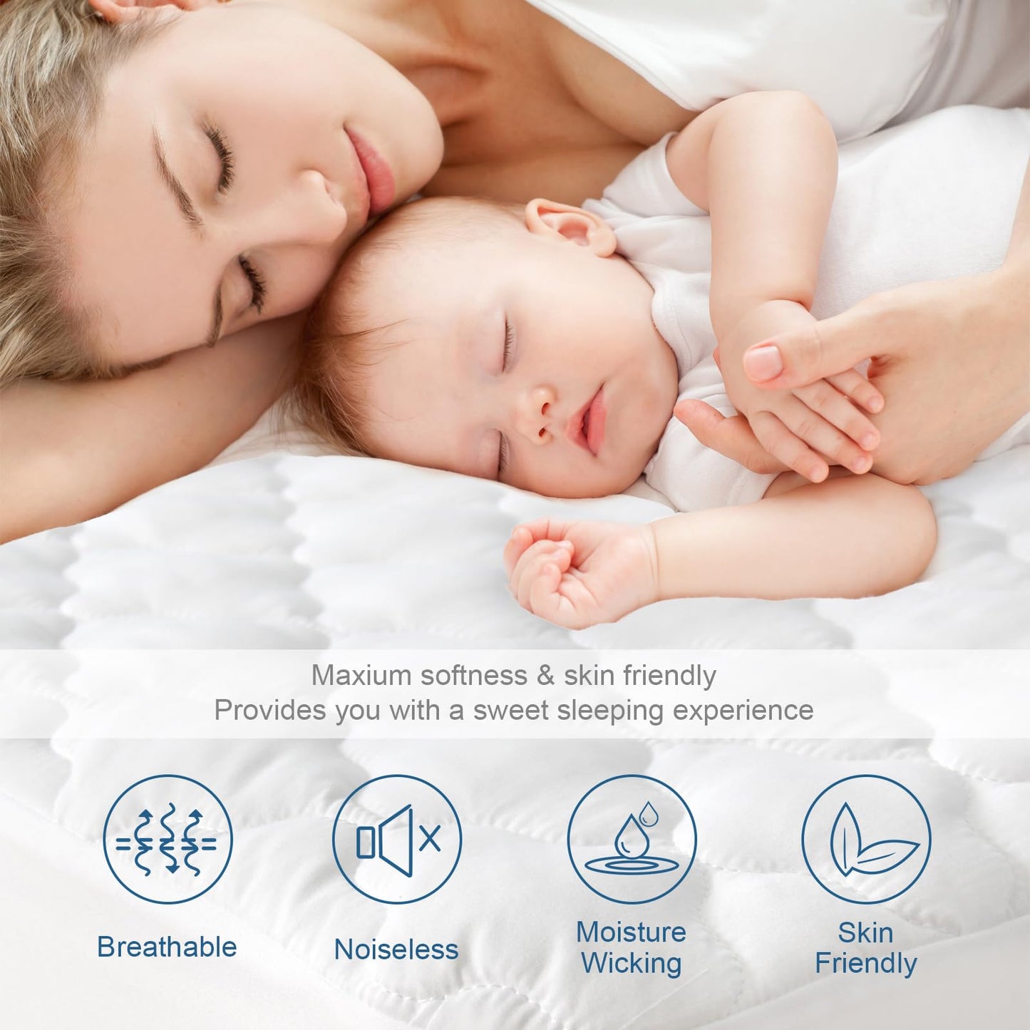 Split Top King Mattress Protector Pad Waterproof Quilted, 34" Top Split from Head (Not Full Split King), Mattress Cover for Adjustable Bed Up to 18", (White)