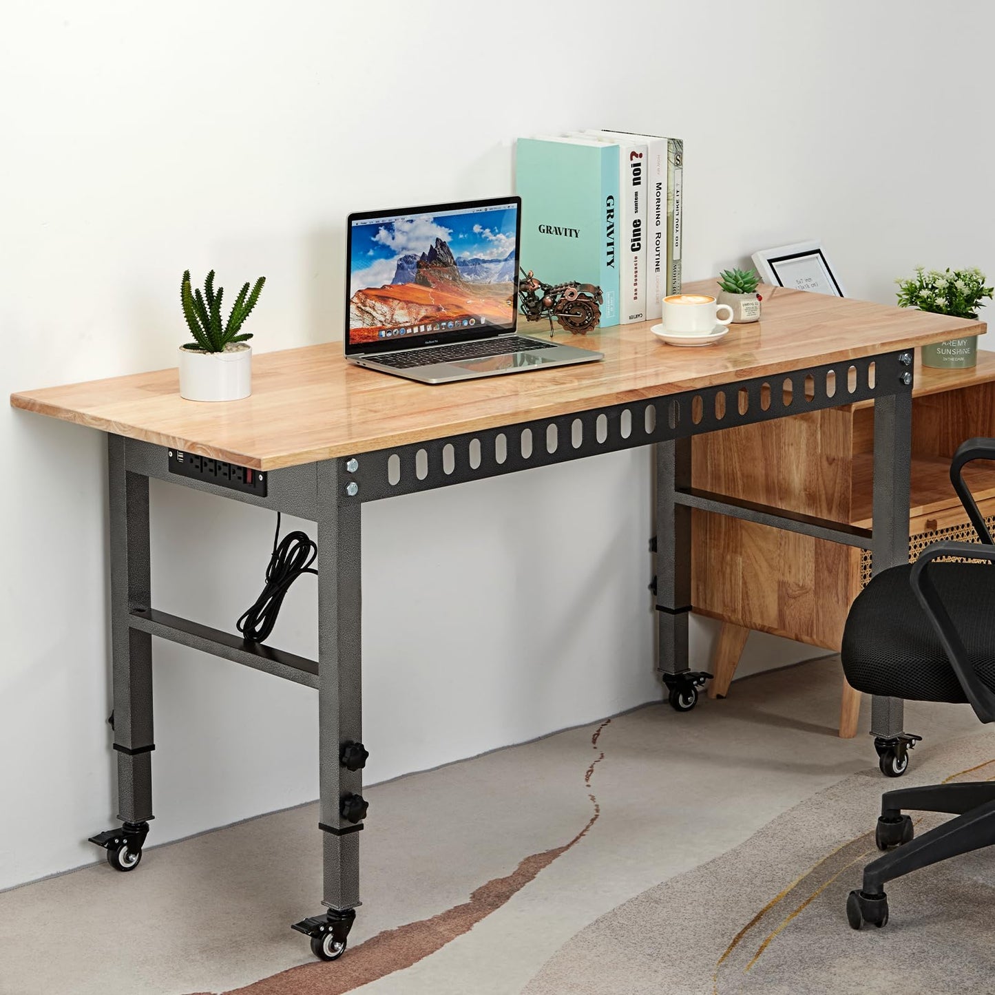 OLBRUS 54.3 "Adjustable Workbench with Power Outlet, Heavy Duty 2000 LBS Load Capacity Hardwood Workbench Suitable for Workshop, Office, Garage, Home (Metal Wheels丨Power Outlets 54.3"x21.6")