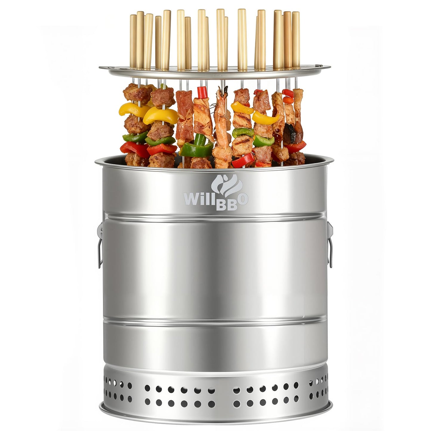 WILLBBQ Large Hanging Charcoal Grills, 360° Barrel Smoker, Stainless Steel Double-Wall Insulated, Portable for Outdoor Camping Patio (Silver)