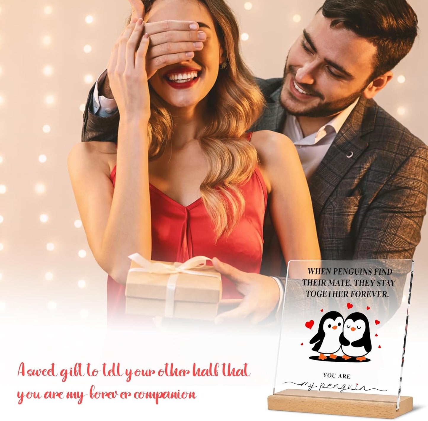 Romantic Penguin Acrylic Plaque - 5.9x5.9 Inch Clear Decor for Home & Office | Perfect Gift for Couples