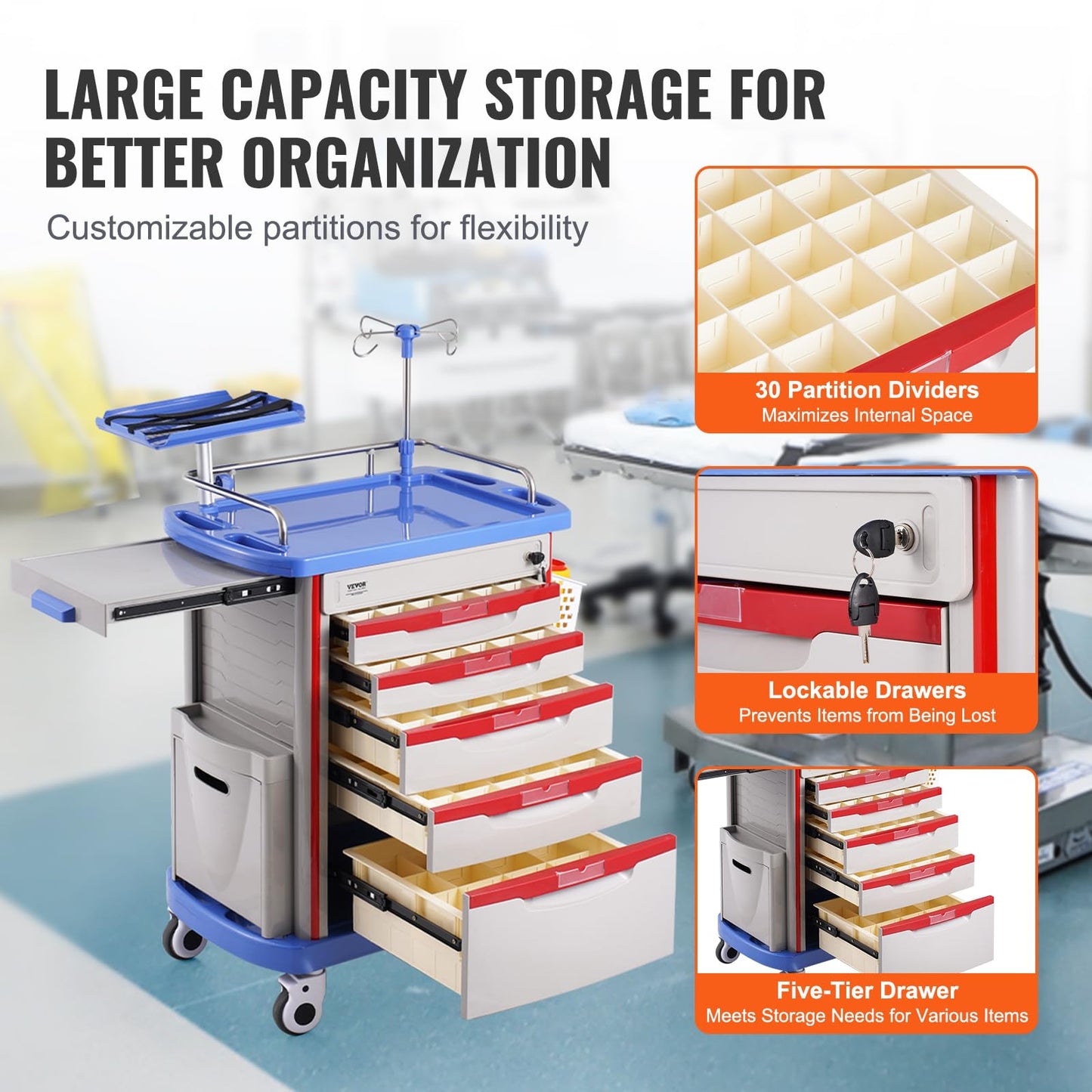 VEVOR Medical Crash Cart, Nursing Emergency Rolling Cart with 5 Drawers & 4 Silent Wheels, Adjust IV Pole, Needle Disposal Holder, Trash Bin, O2 Holder, Mobile Trolley for Hospital, Clinic, Lab, Salon