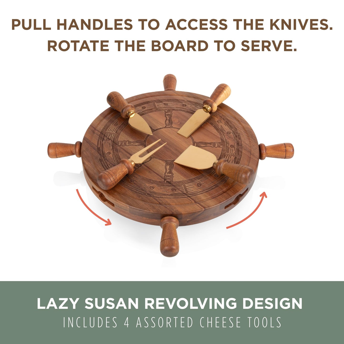 PICNIC TIME Helmsman Lazy Susan Cheese Board and Tool Set, Charcuterie Board Set, Wood Cutting Board with Cheese Knives, (Acacia and Gold)