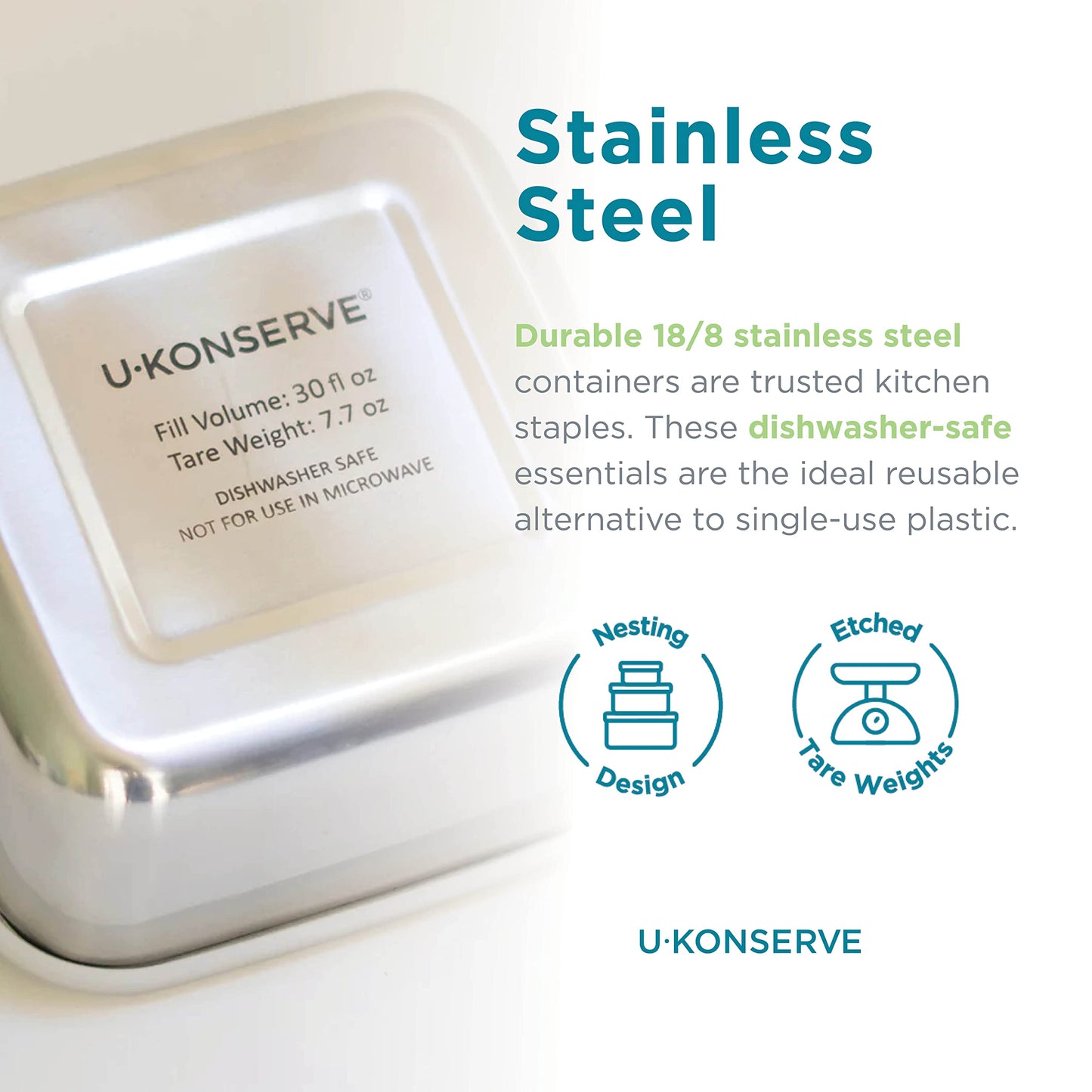 UKONSERVE Stainless Steel Food Storage Bento Box Container, Leak Proof Silicone Lid Dishwasher Safe - Plastic Free (50oz Clear)