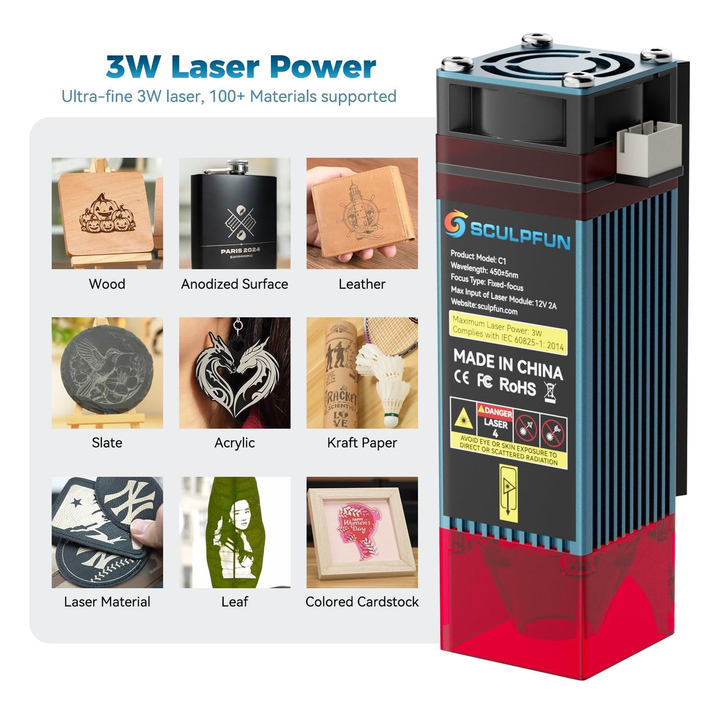 SCULPFUN C1 Mini Laser Engraver, 3W Portable Laser Engraving Machine with 0.04mm Ultra Fine Spot, Work for DIY Beginners,Plywood,Leather,Kraft Paper,Slate, Engraving Area 150 * 130mm