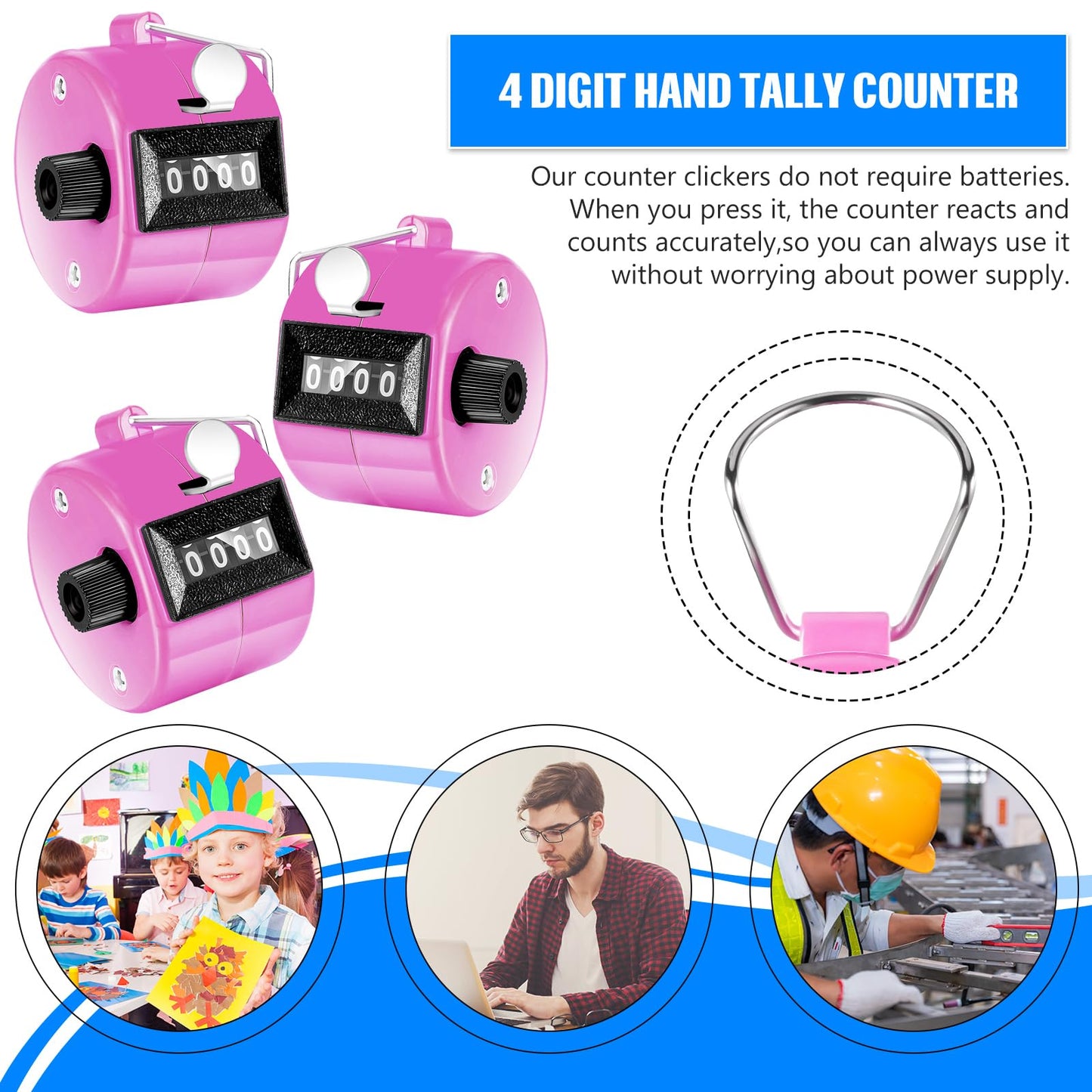 TOODOO 6 Pack Hand Tally Counter 4 Digit Mechanical Palm Clicker Plastic Hand Held Counter Clicker with Metal Finger Ring for School Golf Sports Events Office Stadium(Pink)