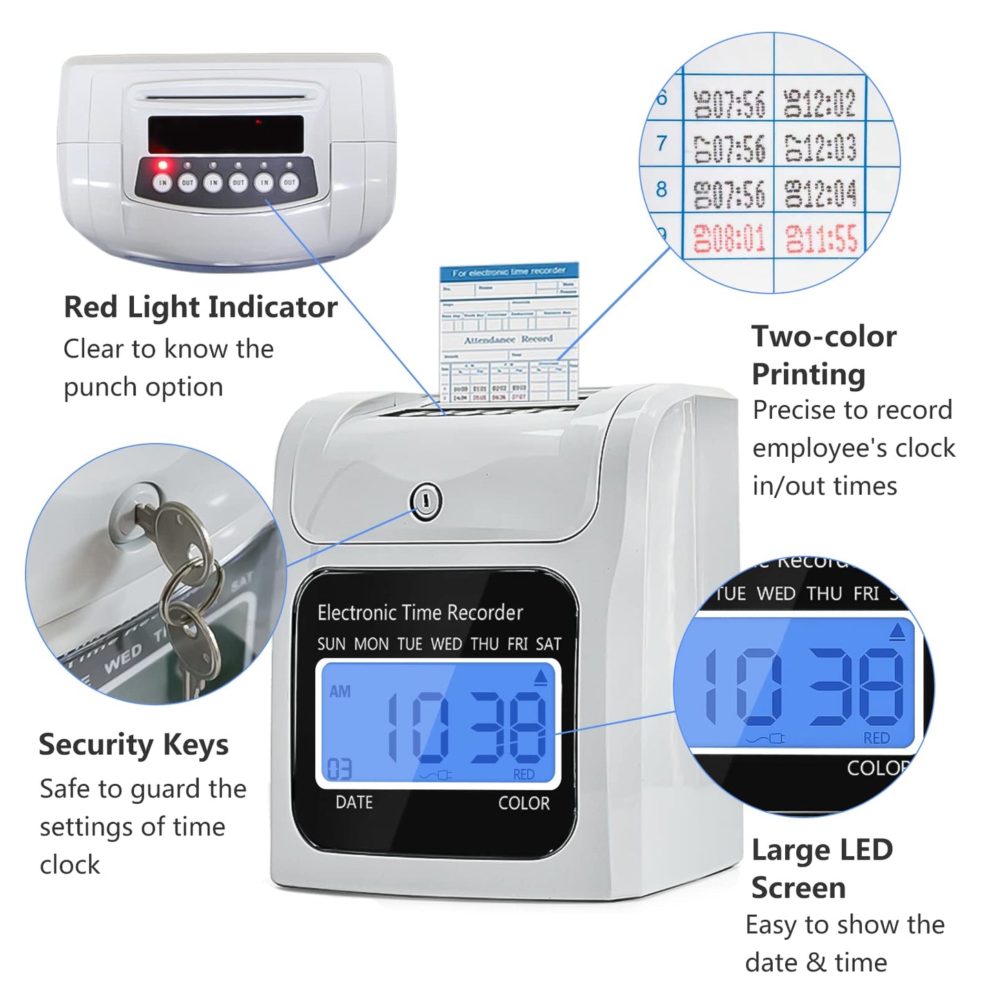 TooCust Employee Time Clocks for Small Business, Auto-Align Time Clock Punch Machine with 50-Piece Time Cards, Two Security Keys, and One Ink Ribbon Cartridge