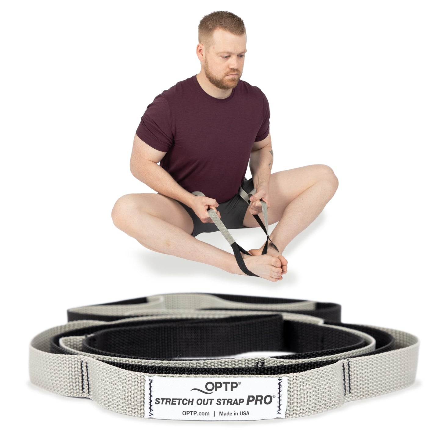 OPTP Stretch Out Strap Pro with Stretching Exercise Book, 11 Loop Stretching Strap for Yoga and Pilates, Physical Therapy Strap for Leg and Knee Recovery. Made in the USA