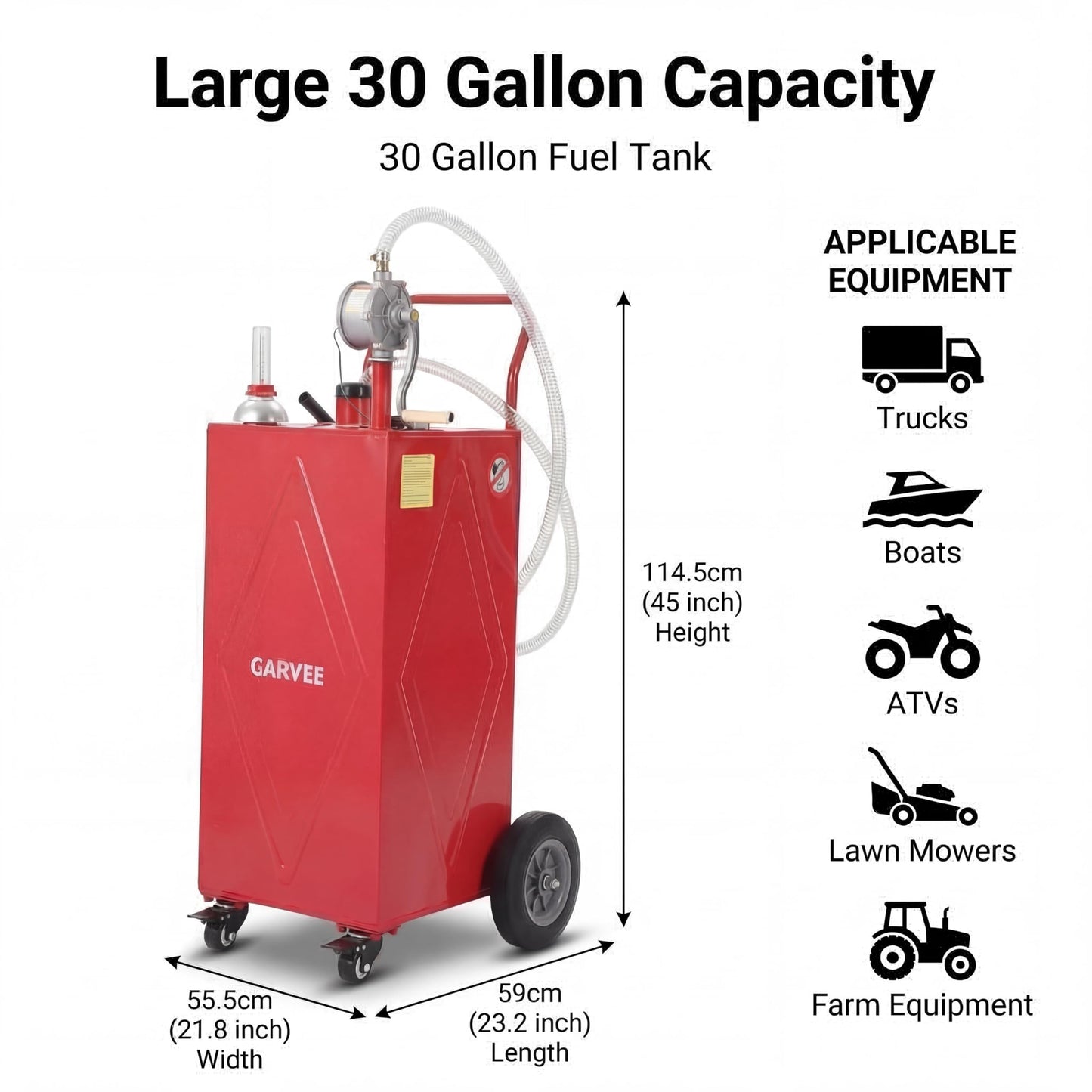 GarveeLife 30 Gallon Heavy-Duty Steel Fuel Caddy, Manual Rotary Pump, Portable Gasoline Transfer Tank for Trucks, Boats, ATVs, Lawn Mowers & Farm Equipment – Red 4-Wheeler