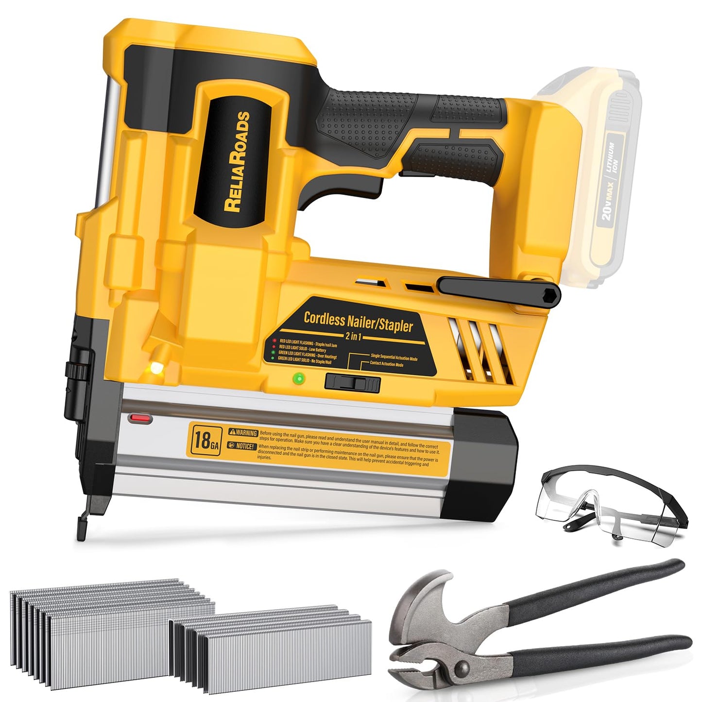 ReliaRoads 2" Cordless Brad Nailer, 18GA 2-in-1 Staple Nail Gun Battery Powered Compatible with DeWalt 20V MAX Battery, Electric Nail Gun Stapler with Nails Puller, 1600 Nails (Battery Not Included)