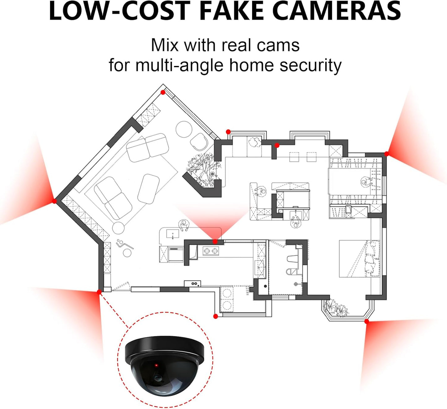 WALI Dummy (SD-4), 4 Packs, Fake Security CCTV Dome Camera with Flashing Red LED Light with Security Alert Sticker