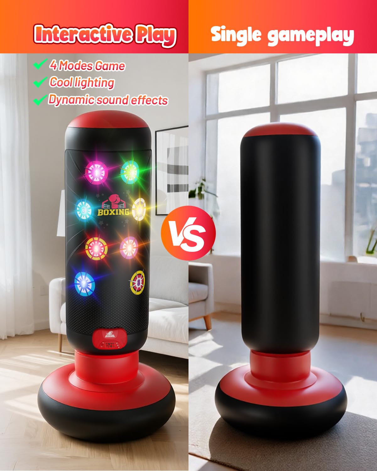 HopeRock Punching Bag for Kids, Boxing Set with Scoring, Light, Music, 4 Game Modes, Inflatable Boxing Bag with Gloves, Birthday Gifts Toys for 4-8-12 Years Old Boys