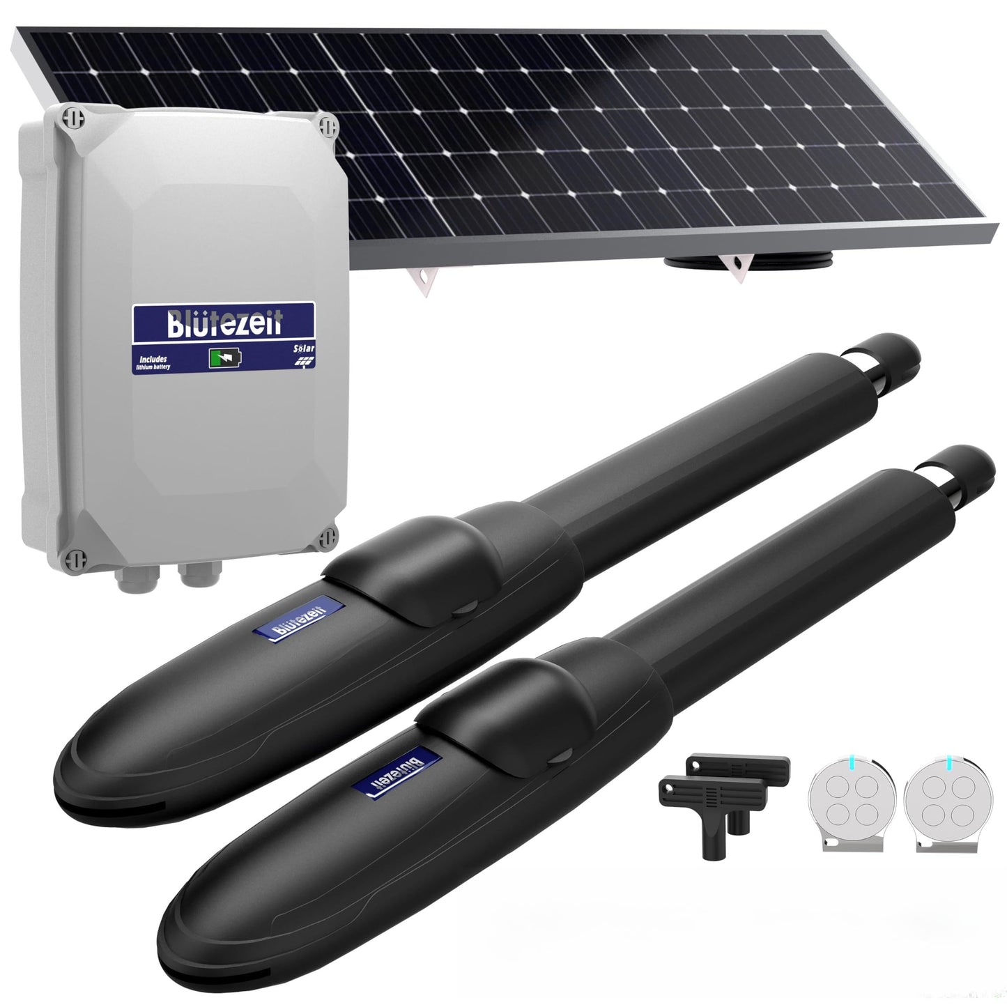 Blütezeit MS650 Solar Swing Gate Opener + Wireless Keypad Bundle – 1760 lb Dual-Arm Operator with Built-in 24 V Battery, 25W Solar Panel & IP54 Keypad