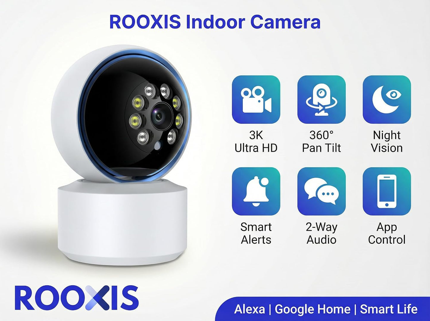 Rooxis 2K 360 2-Way Indoor Security Camera Wireless PTZ, WiFi Baby & Pet Monitor with Motion Detection & Auto Tracking