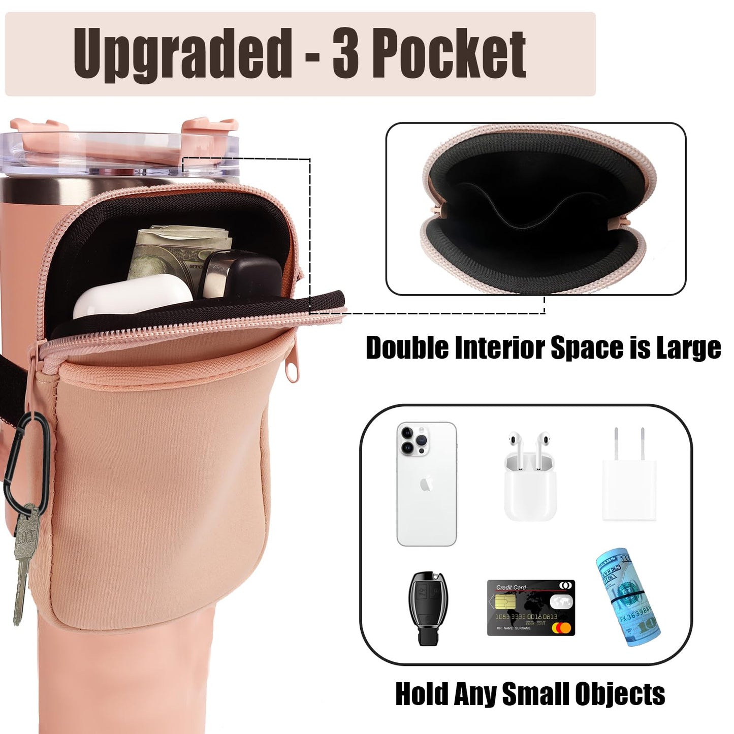 LMYUHONG Water Bottle Pouch for Stanley Cup Accessories 40oz 20oz 30oz, Tumbler Pouch with Versatile Pocket, for Cards, Keys, Earphone, Fits Phones, Use for Running, Walking, Hiking & Biking