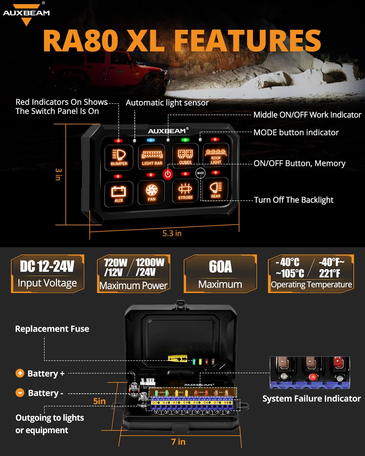 Auxbeam Switch Panel RGB 5 Inch Large 8 Gang Switch Panel RA80 XL Toggle Momentary Pulsed 12V Switch Panel for Car Truck SUV RV Camper Van Offroad Accessories 3 Years Warranty