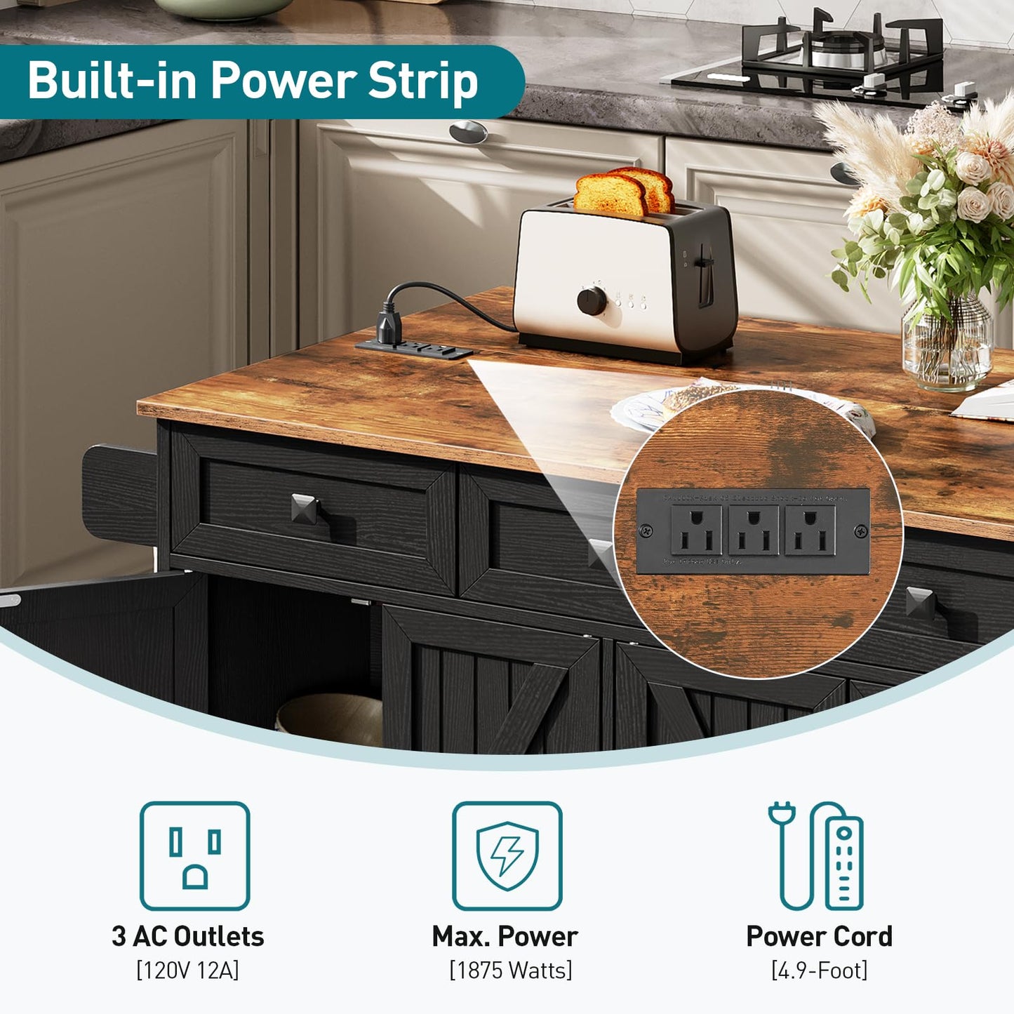 RALGEND Kitchen Island with Drop Leaf & Power Outlet, Rolling Kitchen Island Cart On Wheels, Barn Door Kitchen Island Table with Storage, Island Table for Kitchen, Black and Rustic Brown