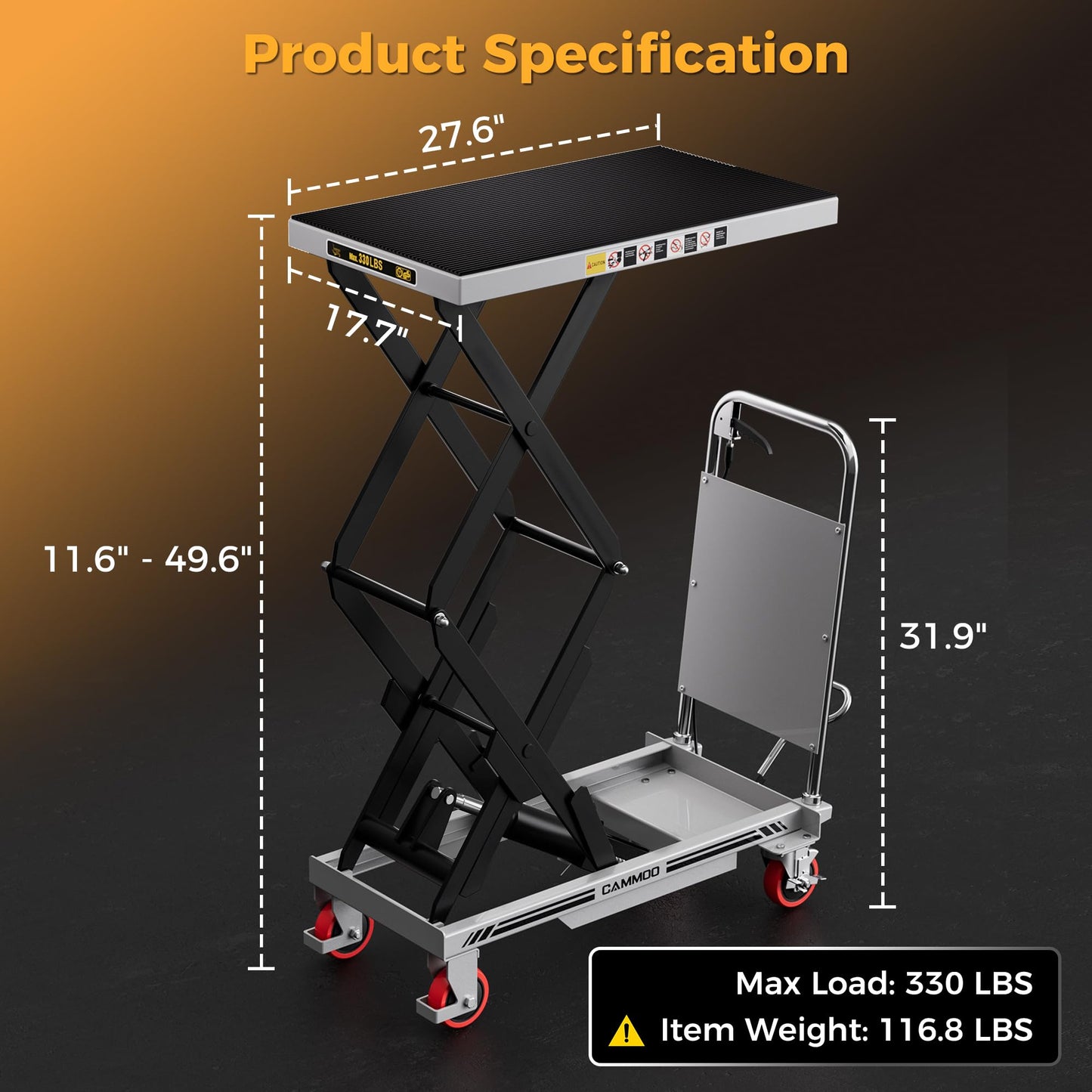 CAMMOO Hydraulic Lift Table Cart, 330lbs Capacity 49.6" Lifting Height, Double Scissor Lift Table with Non-Slip Pad & Safety Guard for Material Handling & Transportation, Gray