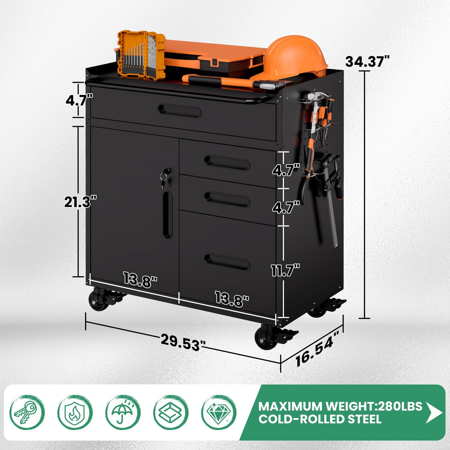 VIYET Garage Storage Cabinet,Metal Rolling Tool Cabinet with 2 Pegboard and 10 Hook,Heavy Duty Mechanics Tool Chest Storage for Workshop, Basement,Warehouse,Include Workbench Liner,Black