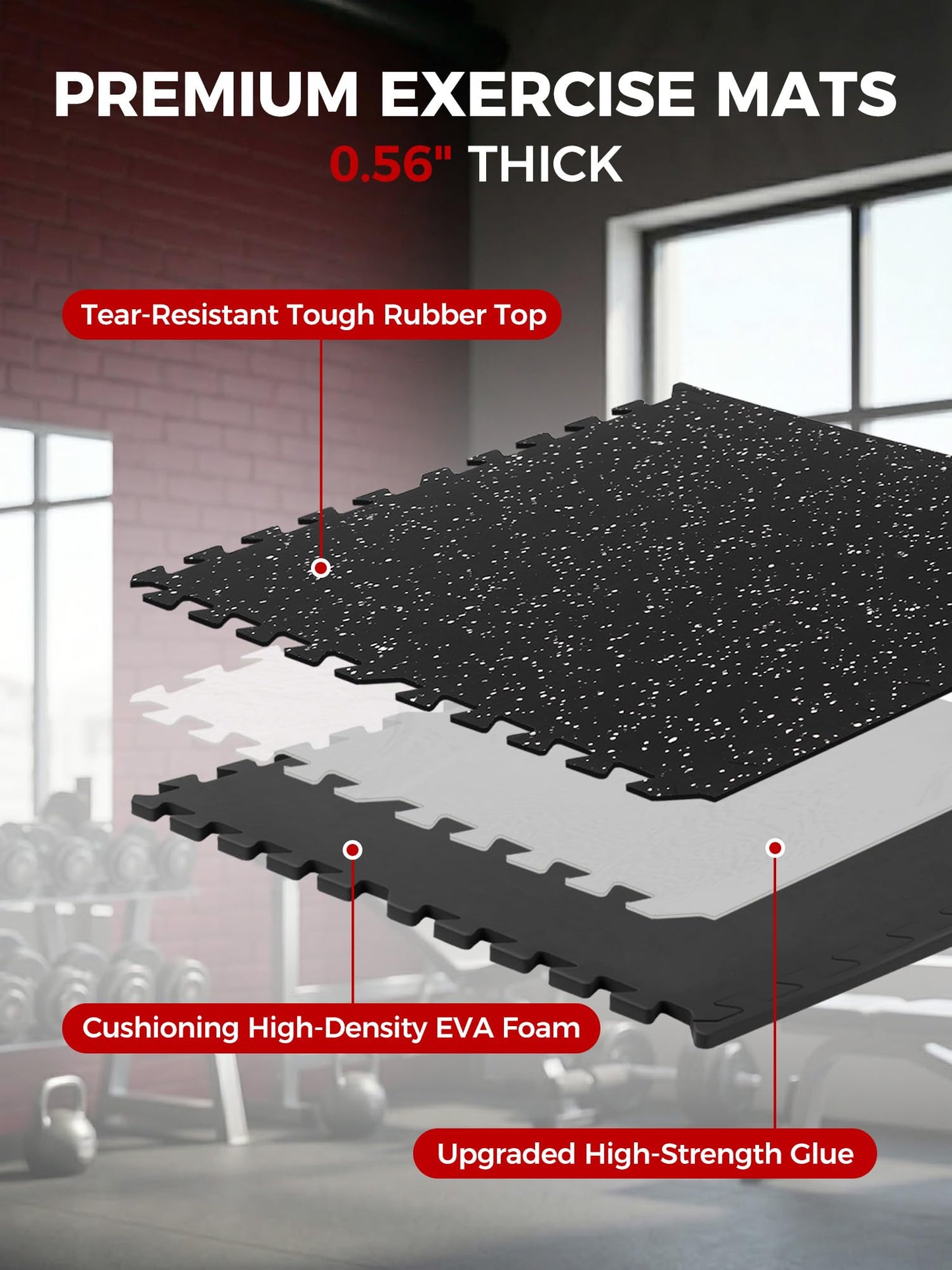 HIAARO 0.56in Thick 48 Sq Ft Exercise Equipment Mats, 12 Tiles Rubber Top EVA Foam Workout Mats, Interlocking Gym Flooring for Home Gym, 24 x 24in, Black & White