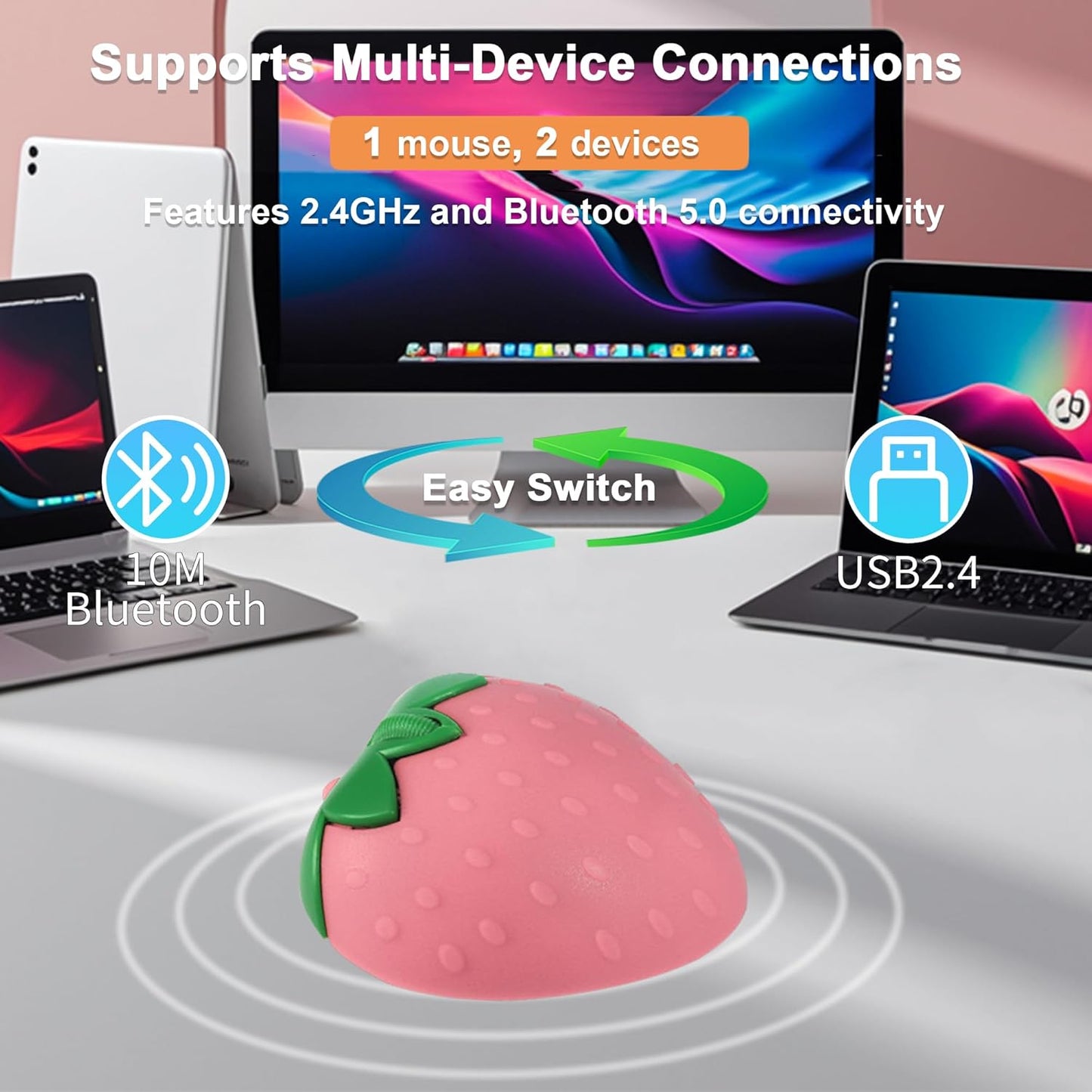 Gabongcui 2.4GHz 1000DPI Wireless Bluetooth Mouse Cute Fruit Strawberry Shape Mouse & Bluetooth Dual Mode Optical