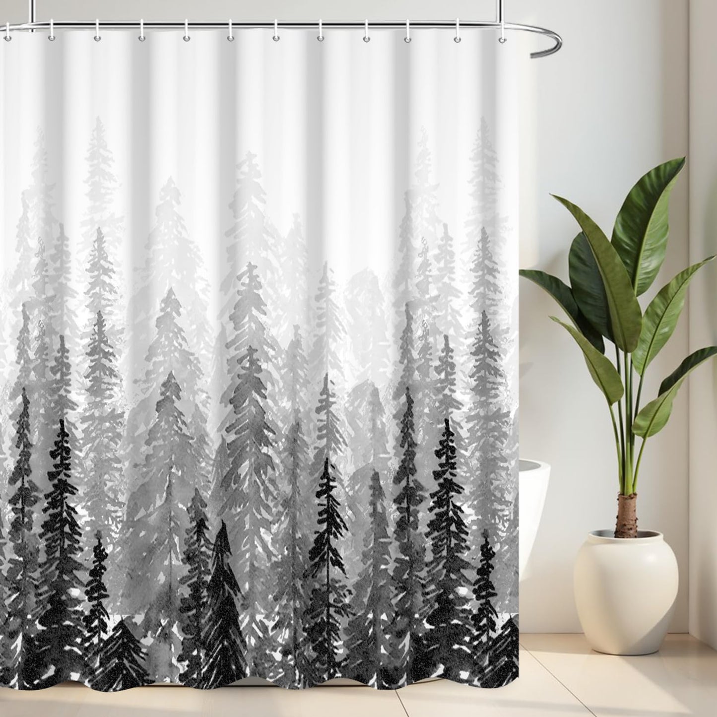 RiePoiia Black and White Misty Forest Shower Curtain for Bathroom,Waterproof Fabric Bathroom Curtains Washable Nature Pine Tree Fog Shower Curtain Set with 12 Pcs Hooks, 72x72 Inch