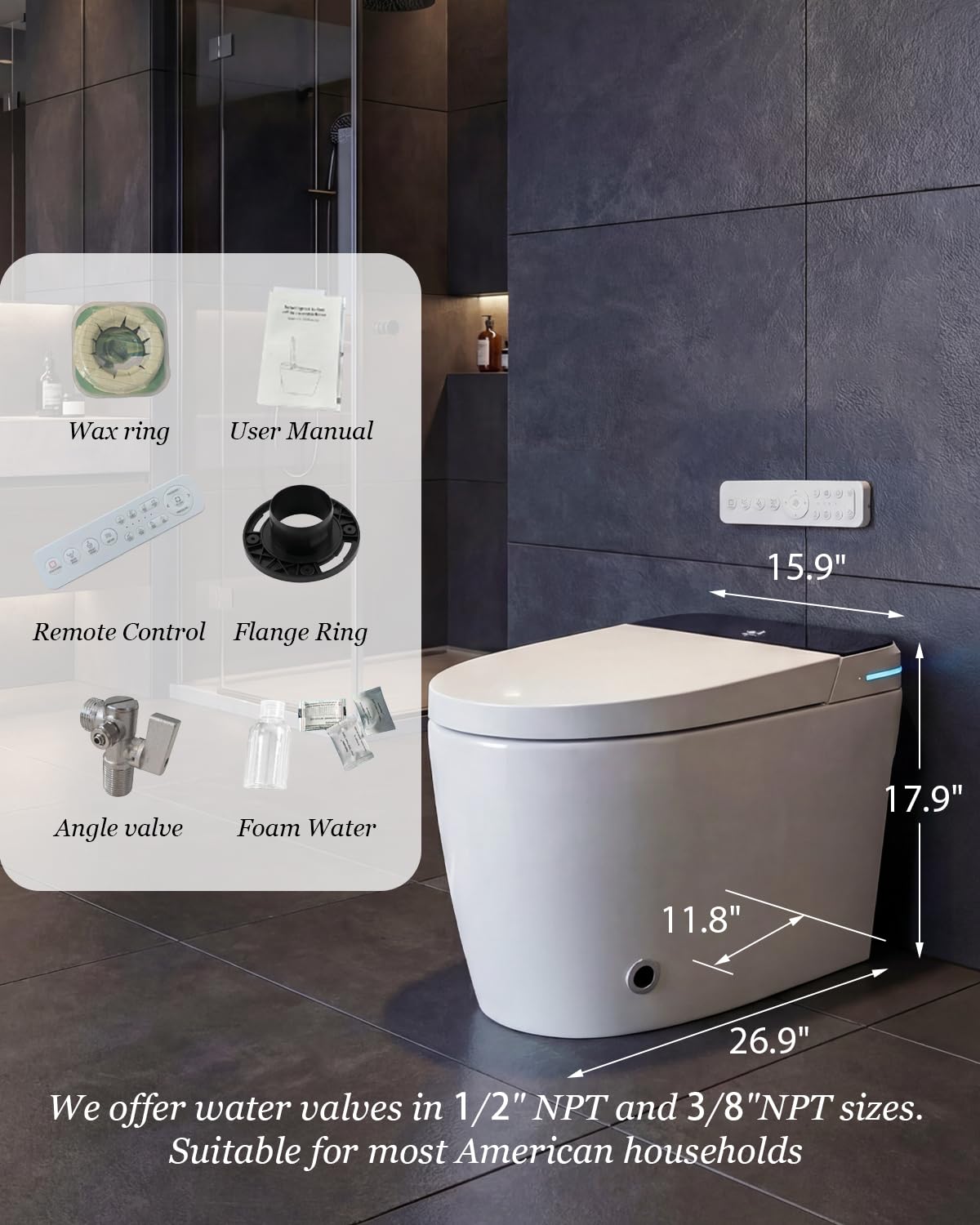 Smart Toilet with Auto Open/Close, Bidet Function, Heated Seat & Dryer, One Piece Elongated Modern Toilet with Foam Shield Technology, Heated Seat, Night Light,Tankless Toilets for Bathrooms