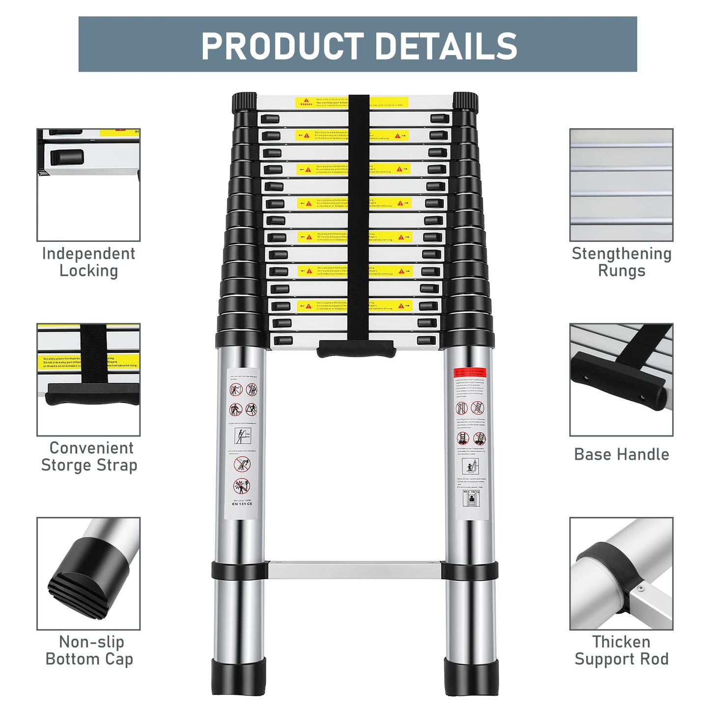 Telescoping Ladder 20.3FT, Telescopic Extension Ladder, Aluminum Alloy Folding Ladder Portable Multi-Purpose for Indoor Outdoor Work, Heavy Duty 330 lbs Load